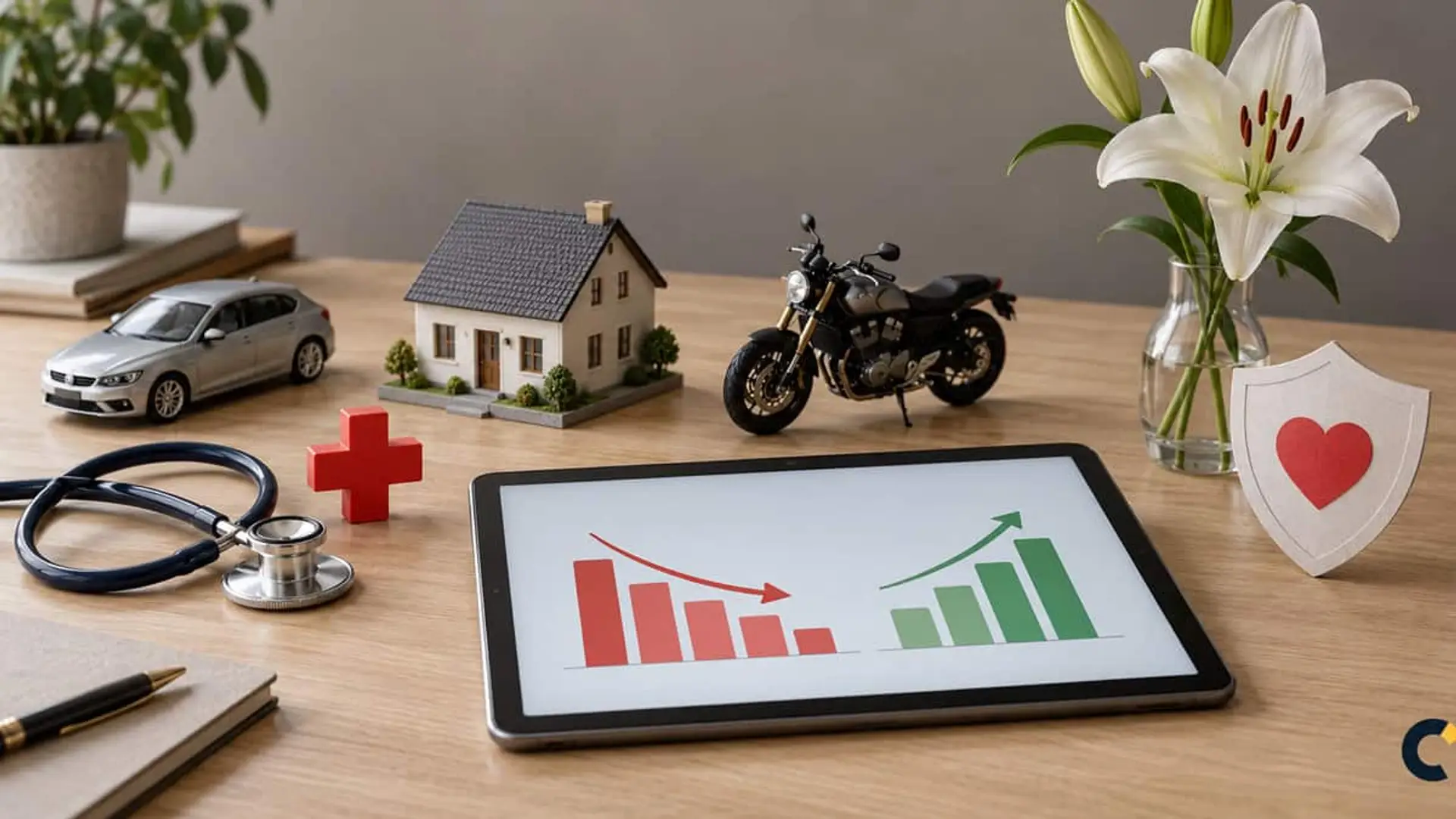 Maquetas de coche, casa y moto junto a un estetoscopio, una cruz médica, un escudo con corazón y una tableta con gráficas