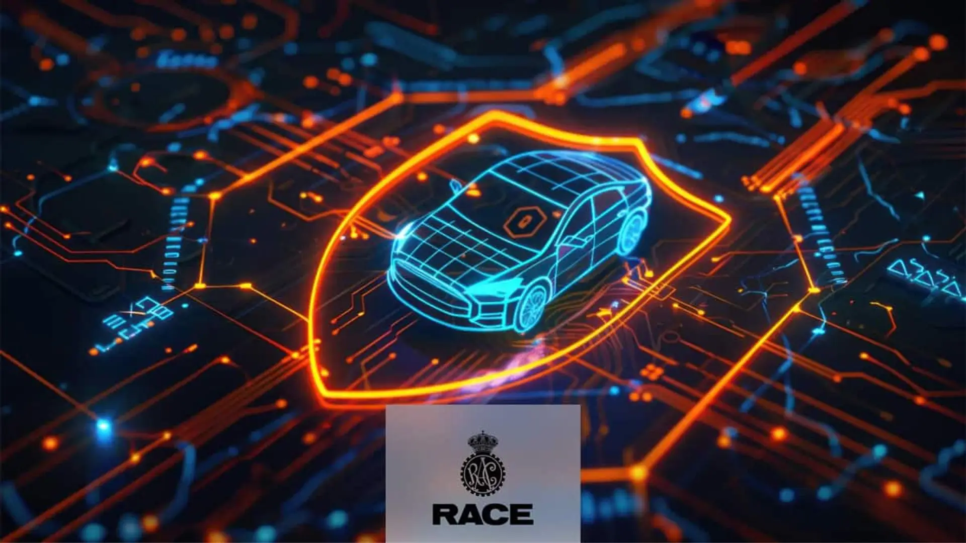 Ilustración de un coche digital dentro de un escudo cibernético con el logotipo de RACE