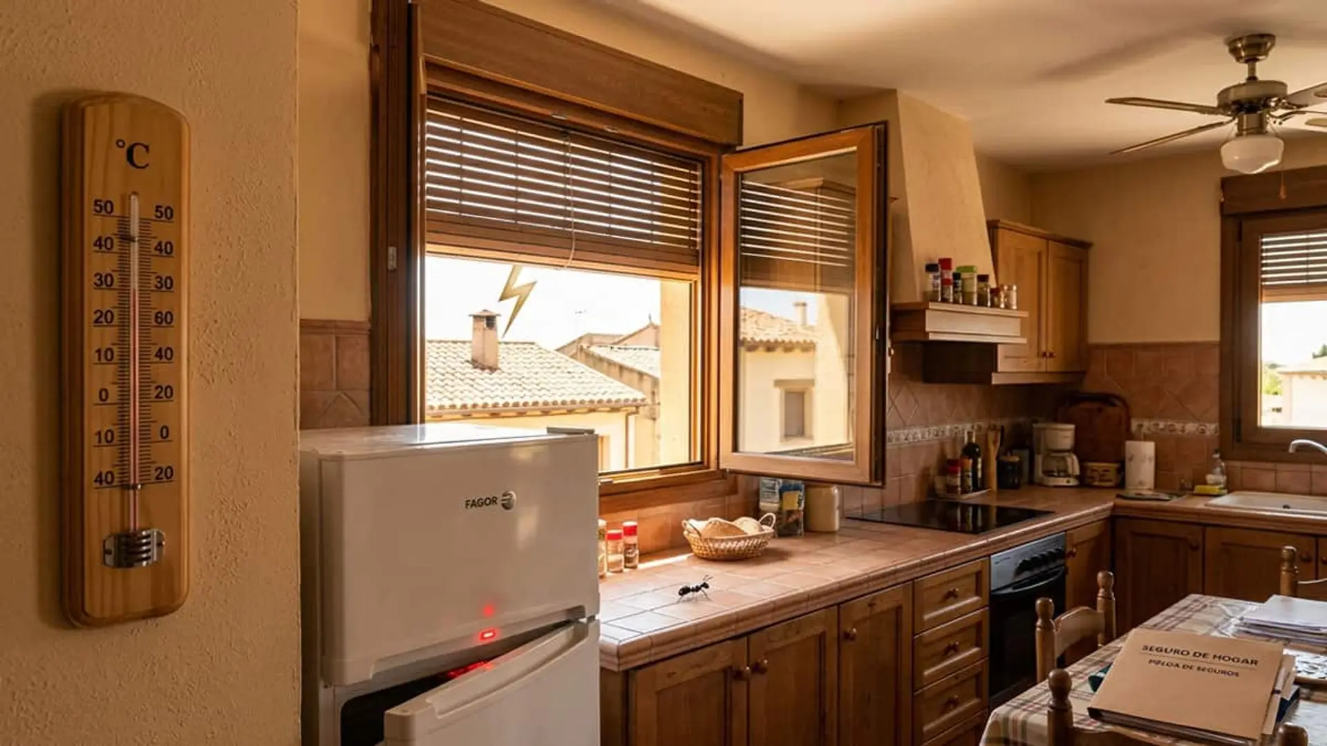 Cocina con termómetro de pared, frigorífico, ventana abierta y documentación de seguro de hogar sobre la mesa
