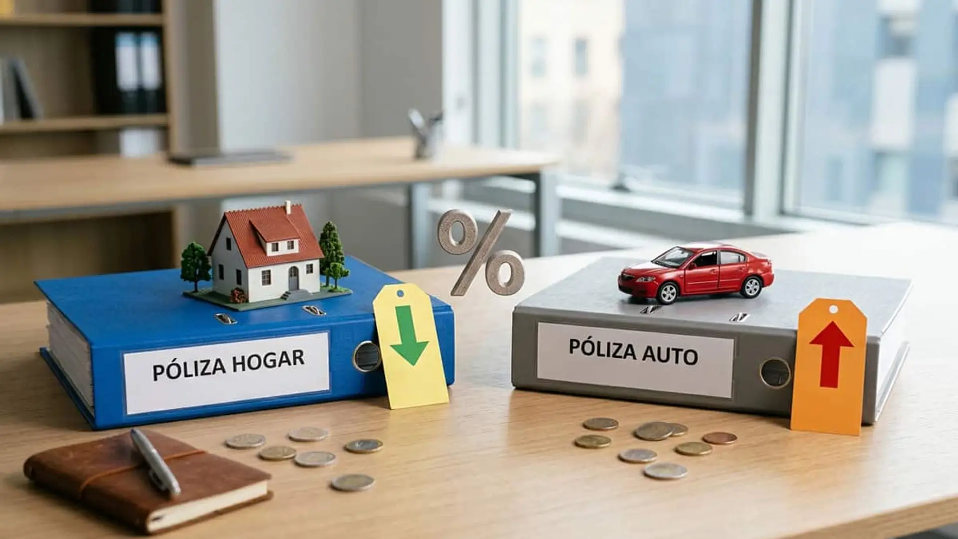 Las aseguradoras cobran a los nuevos hasta un 14% menos que a los clientes fieles Carpetas de pólizas de hogar y coche con una casa, un automóvil, símbolos de porcentaje y flechas de subida y bajada