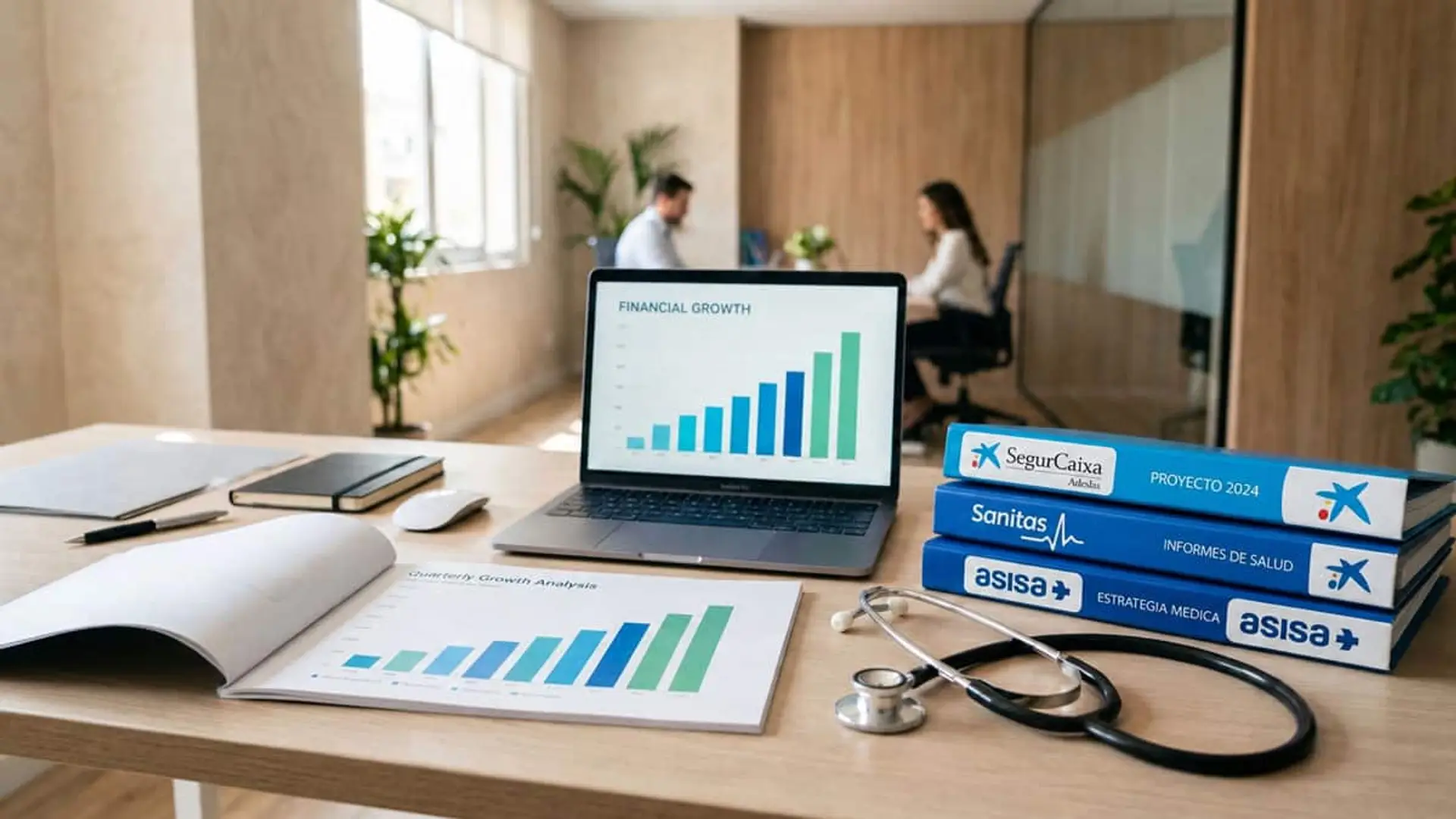 SegurCaixa, Sanitas y Asisa crecen un 10% en salud y ya controlan el 60% del negocio Documentación de SegurCaixa, Sanitas y Asisa junto a gráficos de crecimiento y un fonendoscopio