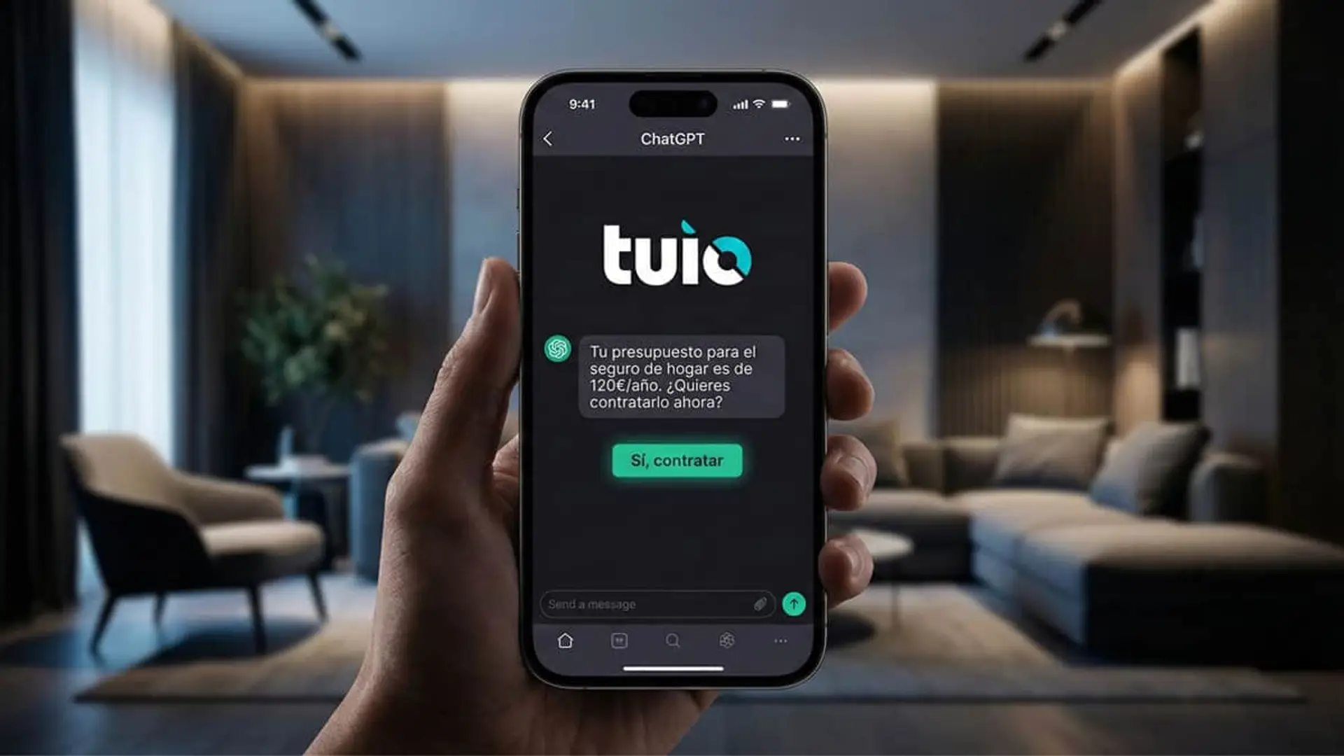 Tuio se convierte en la primera aseguradora del mundo que permite operar directamente desde ChatGPT ChatGPT muestra presupuesto de seguro de hogar Tuio en un iPhone. Contrata tu seguro online con IA