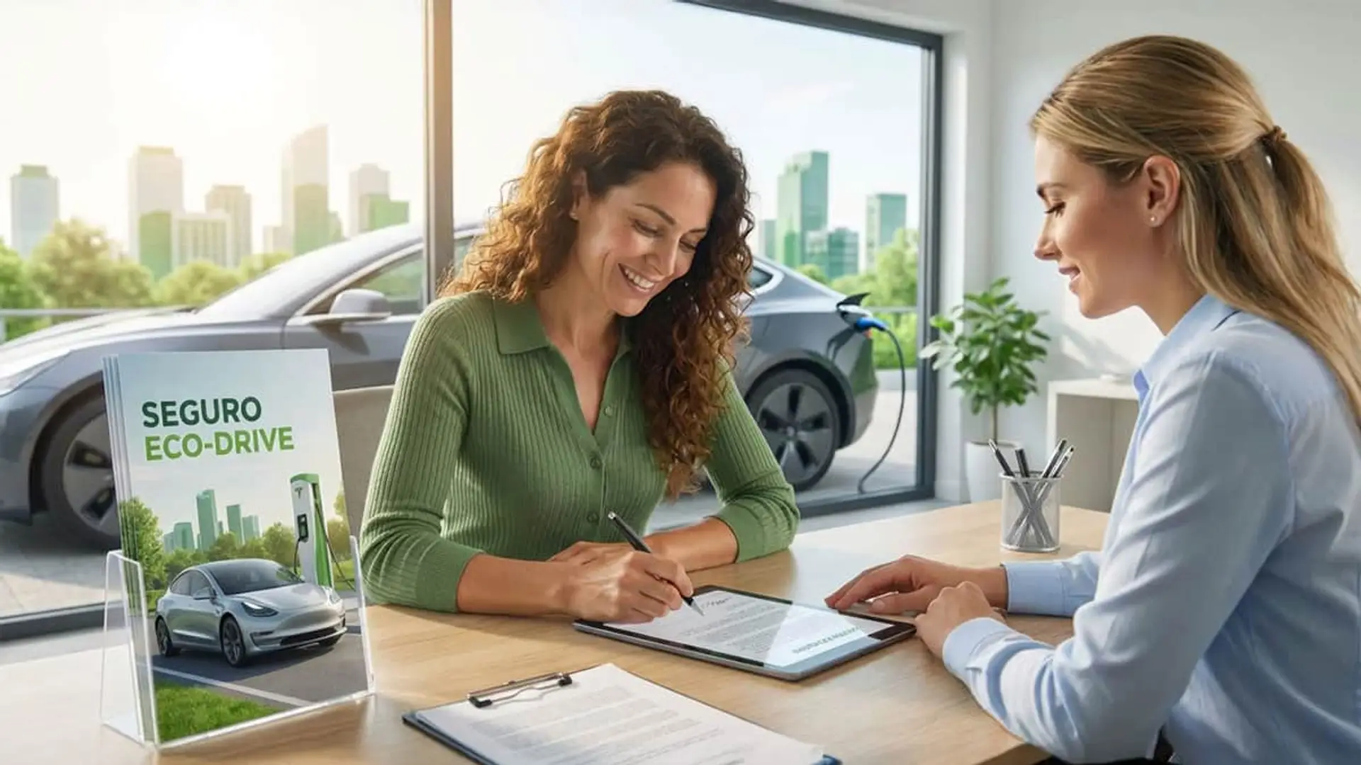 Clienta firmando contrato de Seguro Eco-Drive para coche eléctrico en oficina con agente.