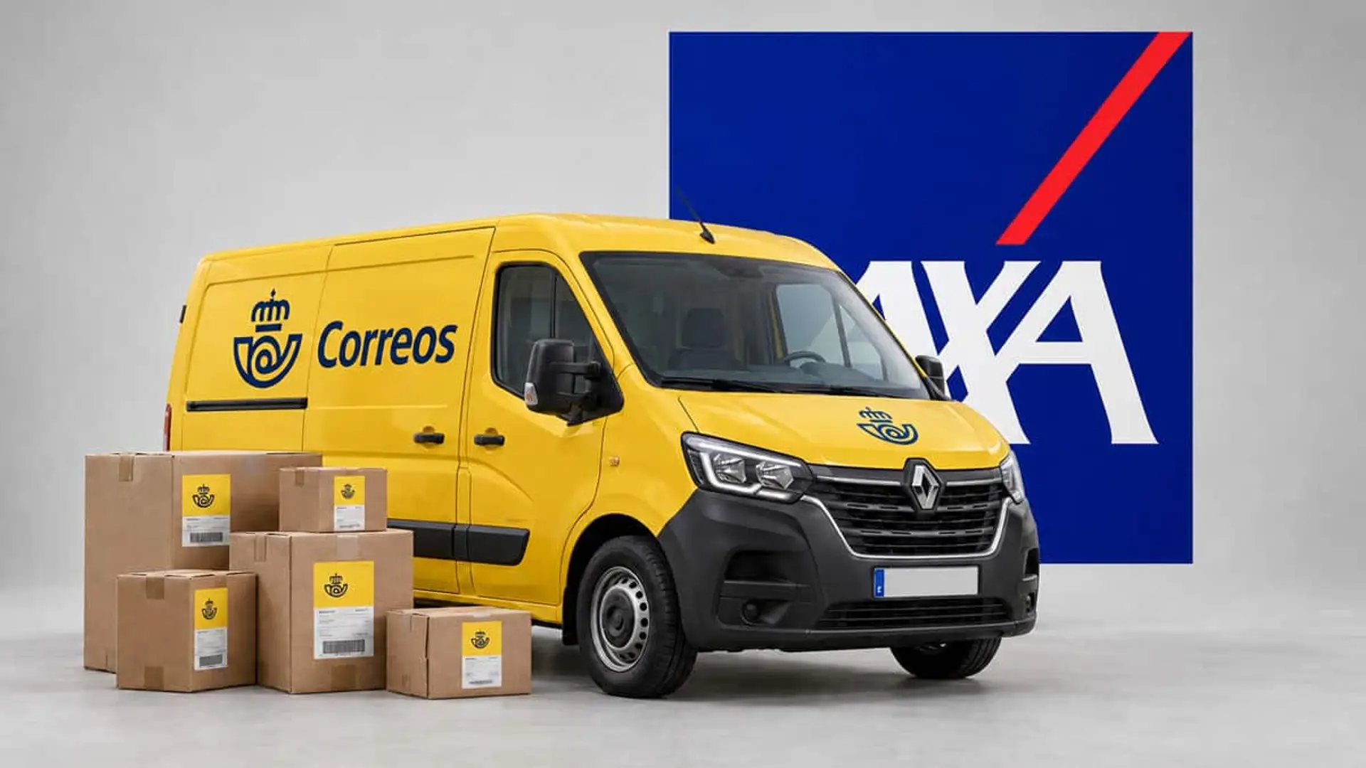 Furgoneta de Correos con varios paquetes junto al logotipo de AXA