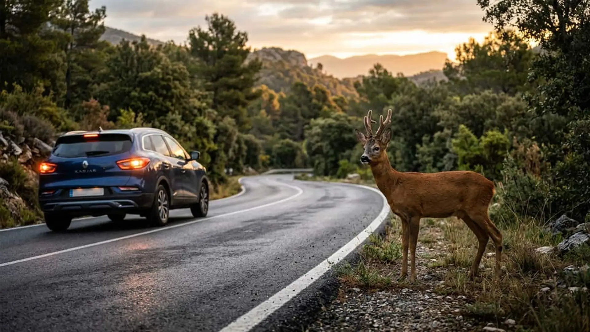 Por qué revisar la cobertura de tu seguro de coche si vives en zonas con muchos jabalíes o corzos Corzo junto al arcén de una carretera mientras un coche circula por una vía rodeada de vegetación
