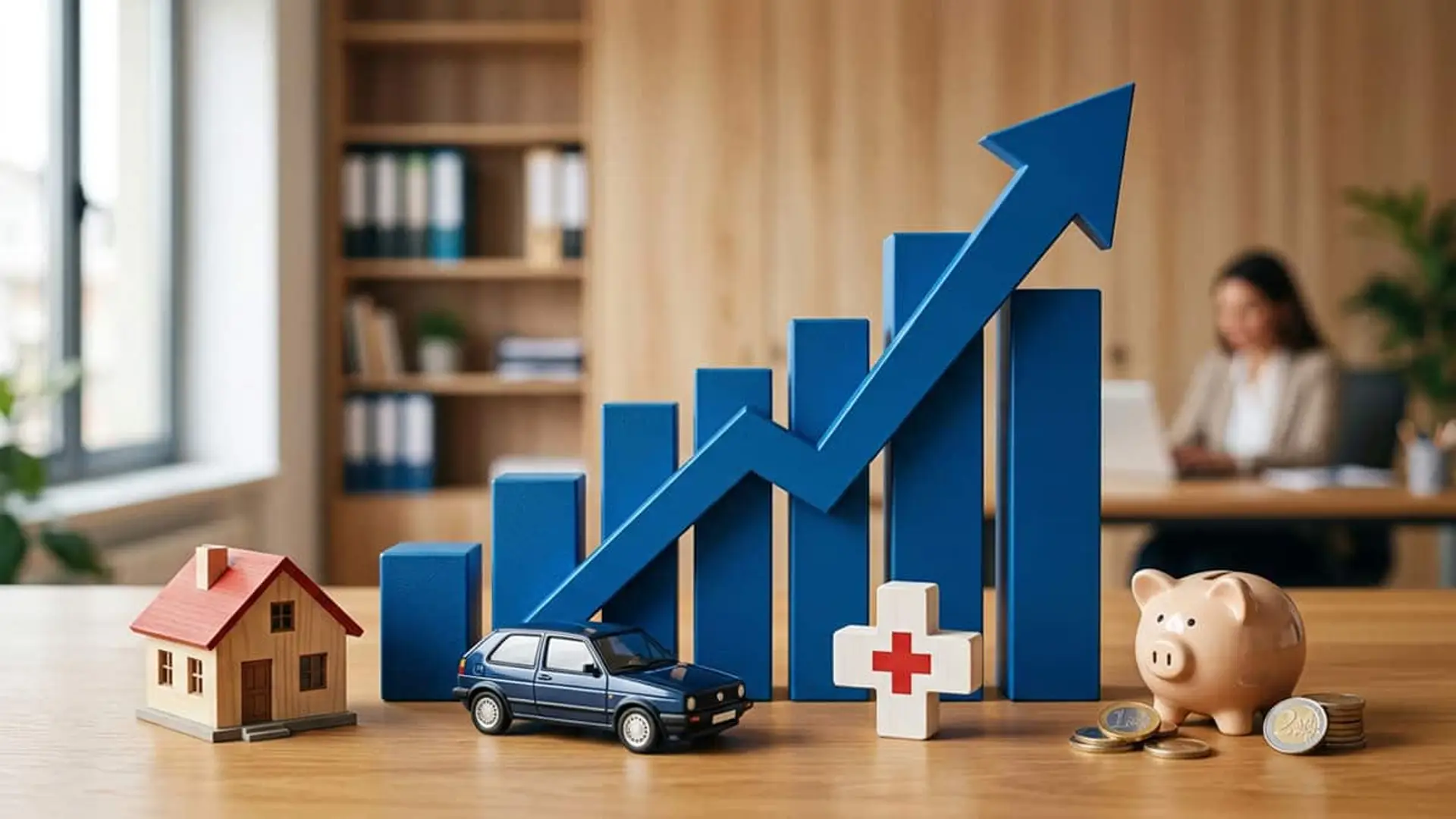 El seguro de Vida crece un 13,25% y dispara la facturación del sector hasta los 49.000 millones Gráfico ascendente con iconos de hogar, coche, salud y ahorro que representa el crecimiento de las primas de seguros