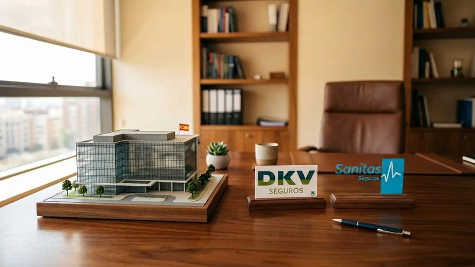 DKV y Sanitas afrontan la inflación del seguro de salud desde extremos opuestos Logos de DKV Seguros y Sanitas Seguros junto a una maqueta de un edificio hospitalario con una bandera de España sobre una mesa de despacho