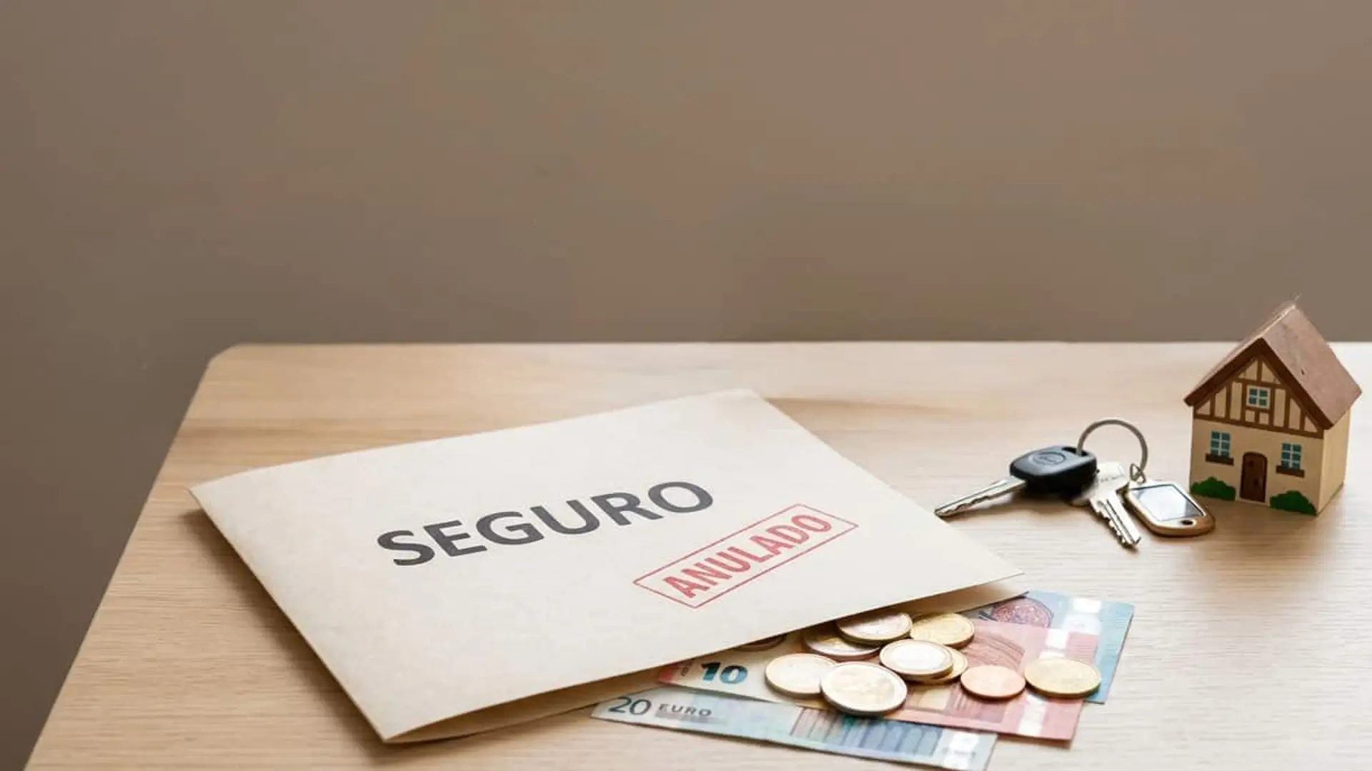 Documento de seguro con sello de anulado junto a billetes, monedas, llaves y una maqueta de una casa
