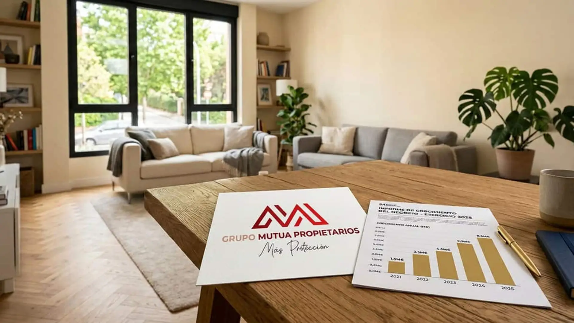 Documentos de Grupo Mutua Propietarios sobre una mesa de madera en un salón
