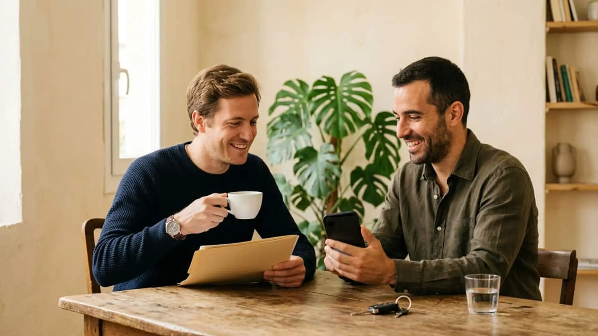 Dos hombres sonrientes conversan en una mesa mientras uno sostiene documentos y una taza de café y el otro muestra su móvil.