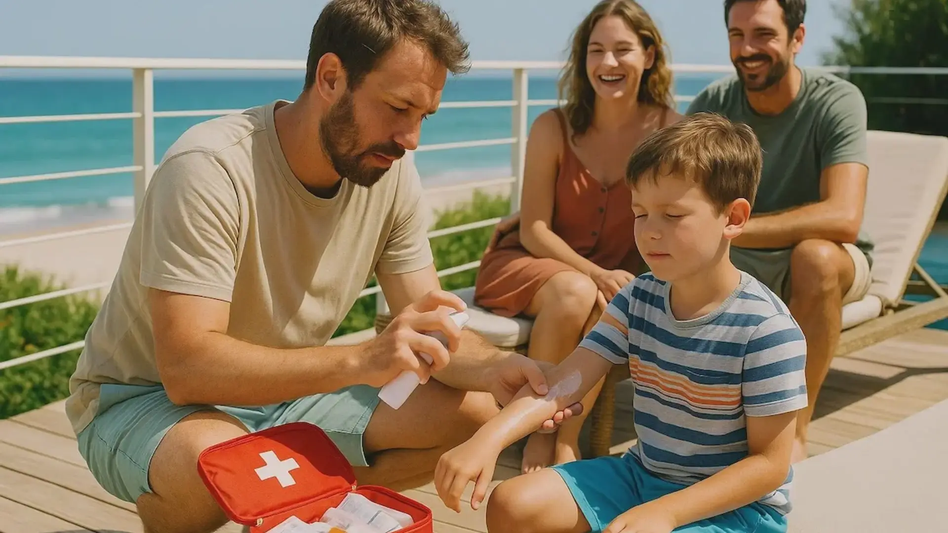 El error que muchos cometen en verano: no tener seguro de salud Padre aplicando crema protectora a su hijo con botiquín de primeros auxilios en vacaciones de verano.
