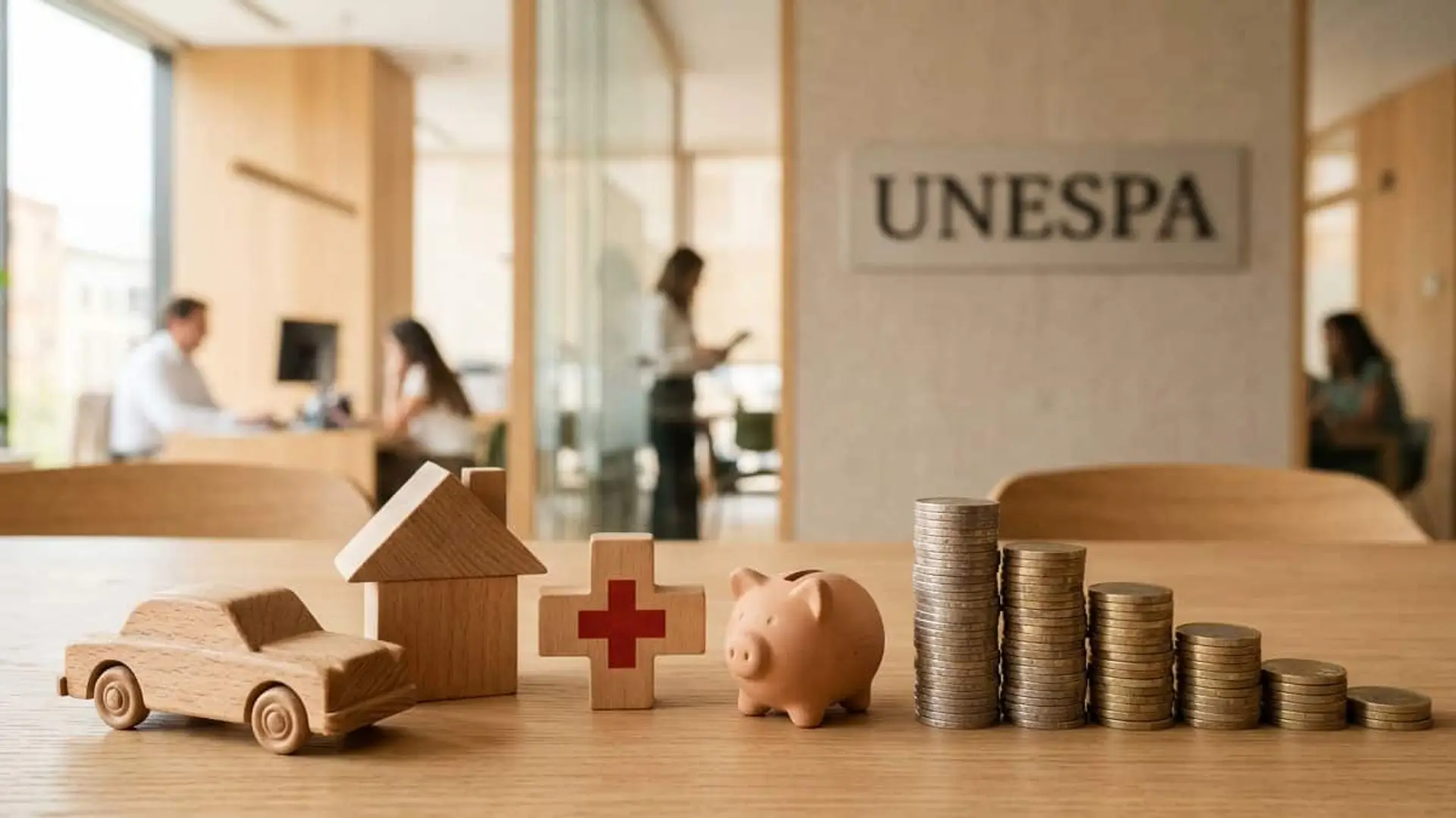VidaCaixa crece un 44,48% y Mutua se acerca a Mapfre: así queda el ranking de aseguradoras Figuras de un coche, una casa, una cruz sanitaria, una hucha y pilas de monedas sobre una mesa, con el logotipo de UNESPA al fondo.