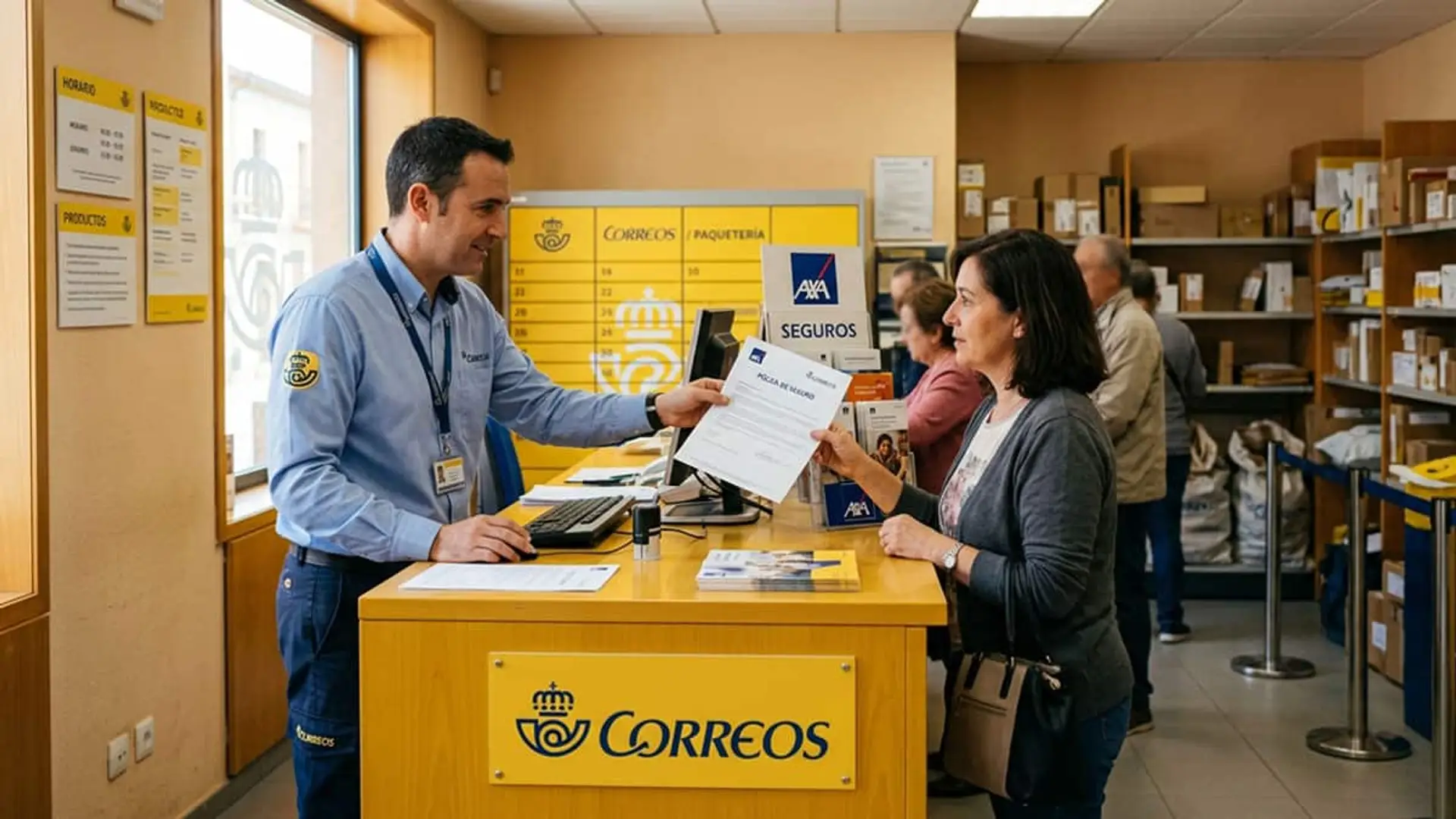 Del objetivo fallido de Correos y AXA a los 30.000 clientes actuales: así ha remontado la alianza de seguros Empleado de Correos entregando documentación de AXA Seguros a una clienta en el mostrador de una oficina postal
