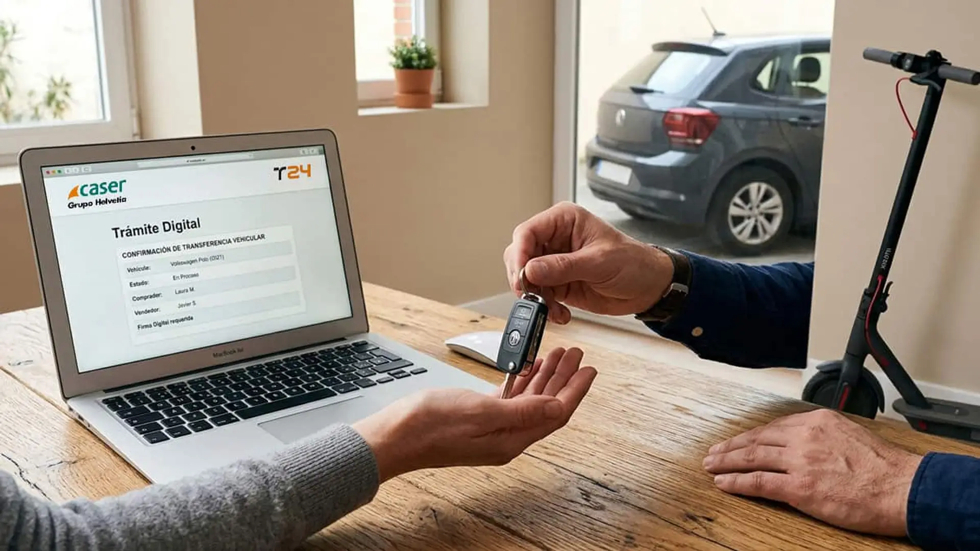 Helvetia Caser y Transferencia24 se alían para ofrecer seguros de auto y patinete en la compraventa Dos personas intercambian las llaves de un coche junto a un ordenador portátil que muestra un trámite digital de transferencia de vehículo de Caser y Transferencia24, con un coche y un patinete eléctrico al fondo.