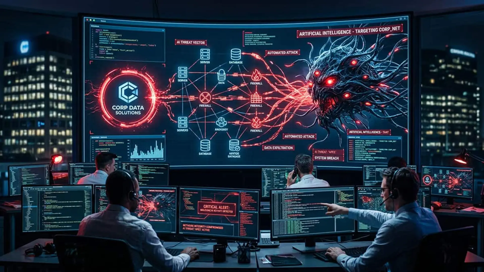 Equipo de ciberseguridad monitorizando pantallas con alertas, código y una representación visual de un ciberataque con inteligencia artificial