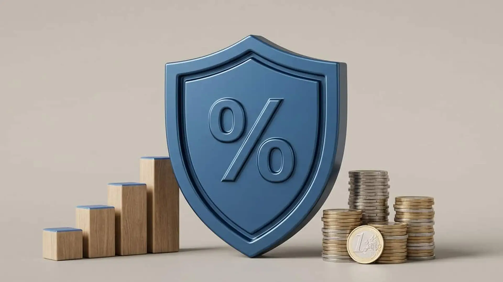 Escudo con símbolo de porcentaje junto a barras crecientes y varias pilas de monedas de euro
