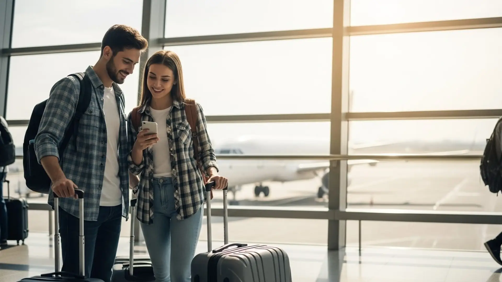 Evita sustos: elige el seguro de viaje adecuado antes de tus vacaciones Pareja joven con maletas en el aeropuerto consultando su móvil antes de embarcar, viajando protegidos con su seguro de viaje.