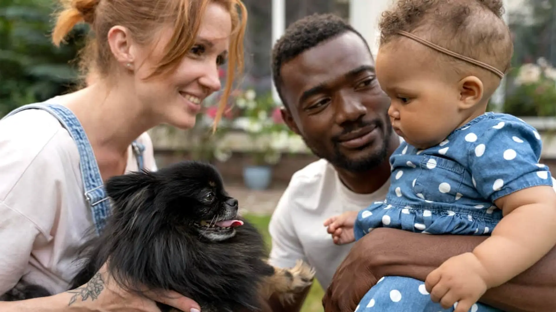 Sanitas cambia su seguro para extranjeros: más cobertura, app en inglés y válido para el visado de residencia Pareja multirracial con su bebé y un perro negro pequeño disfrutando de un día en familia en un jardín.