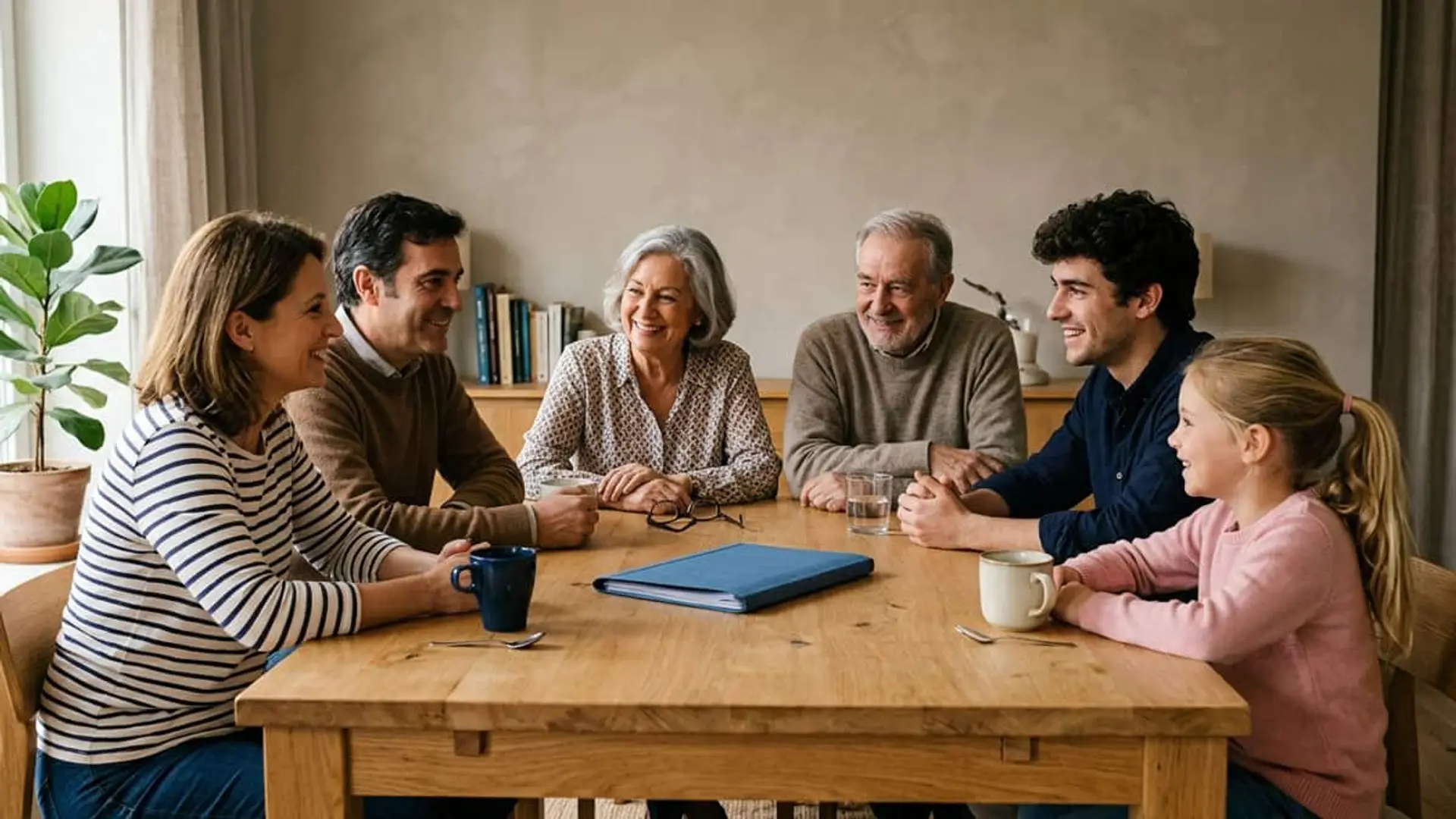 Decesos no es solo cosa de mayores: 5,9 millones de asegurados tenían menos de 35 años en 2024 Seis miembros de una familia de distintas generaciones, incluidos dos adultos mayores y una niña, conversan sonrientes alrededor de una mesa de madera en un salón.
