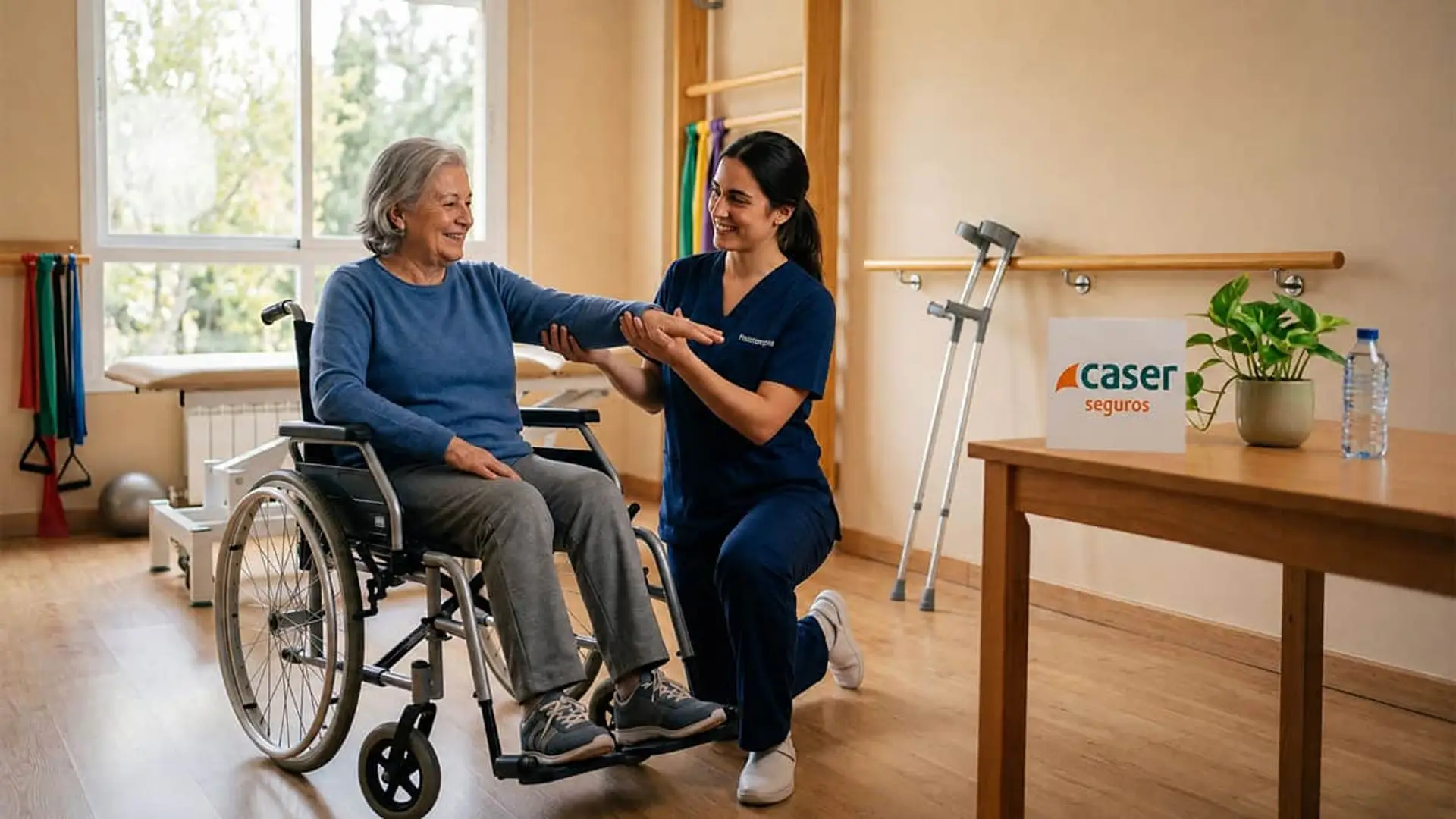 Helvetia Caser reinventa el seguro de accidentes: paga en cuidados, no en dinero, a los mayores de 65 años Fisioterapeuta ayuda a una mujer mayor en silla de ruedas durante su rehabilitación con Caser Seguros.