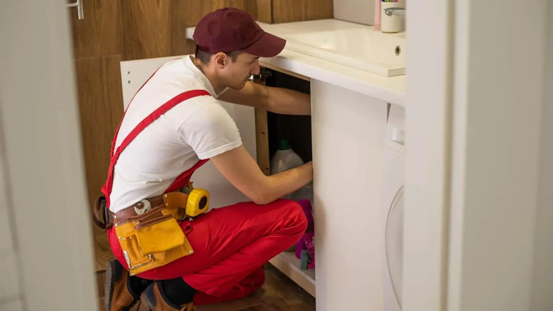 Tu seguro de hogar puede subir de precio o perder coberturas: los reparadores exigen cobrar más tras la subida récord del combustible Fontanero con mono rojo realizando una reparación en el fregadero de una cocina para asistencia del seguro de hogar.