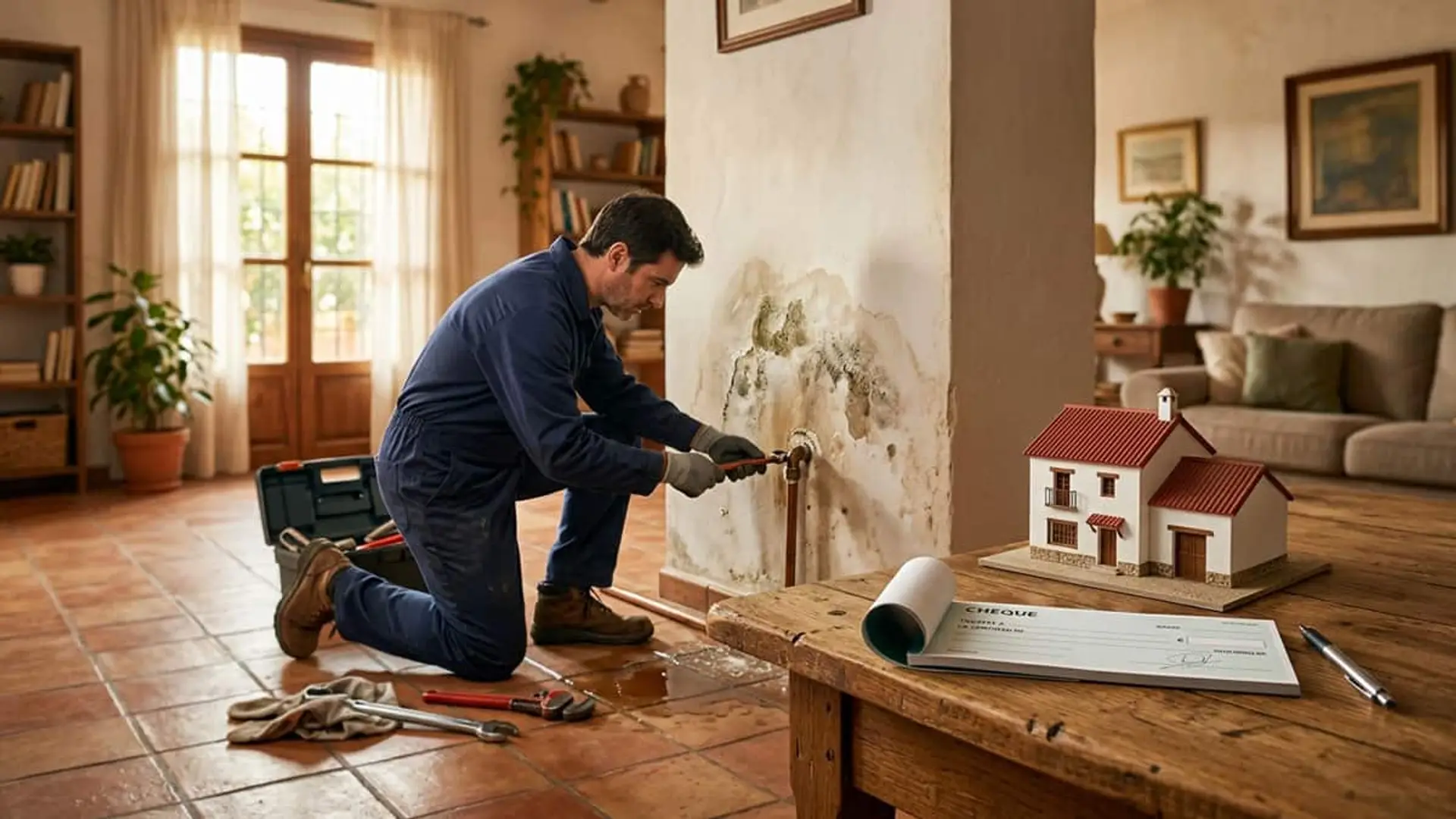 Fontanero arrodillado reparando una tubería junto a una pared con humedades, con una maqueta de vivienda y un cheque sobre una mesa