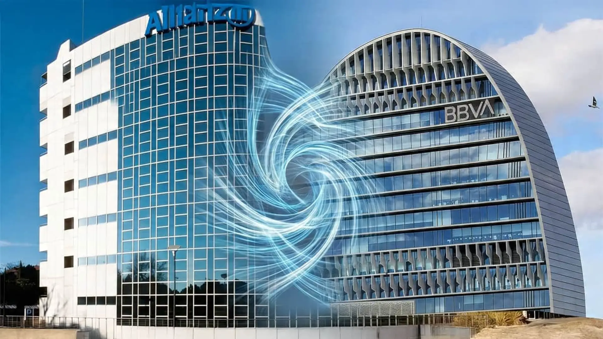BBVA Allianz dobla su tamaño en cinco años: la bancaseguros que demuestra por qué el acceso al cliente vale más que el producto Sedes de Allianz y BBVA conectadas por una espiral azul simbolizando su acuerdo estratégico o alianza.