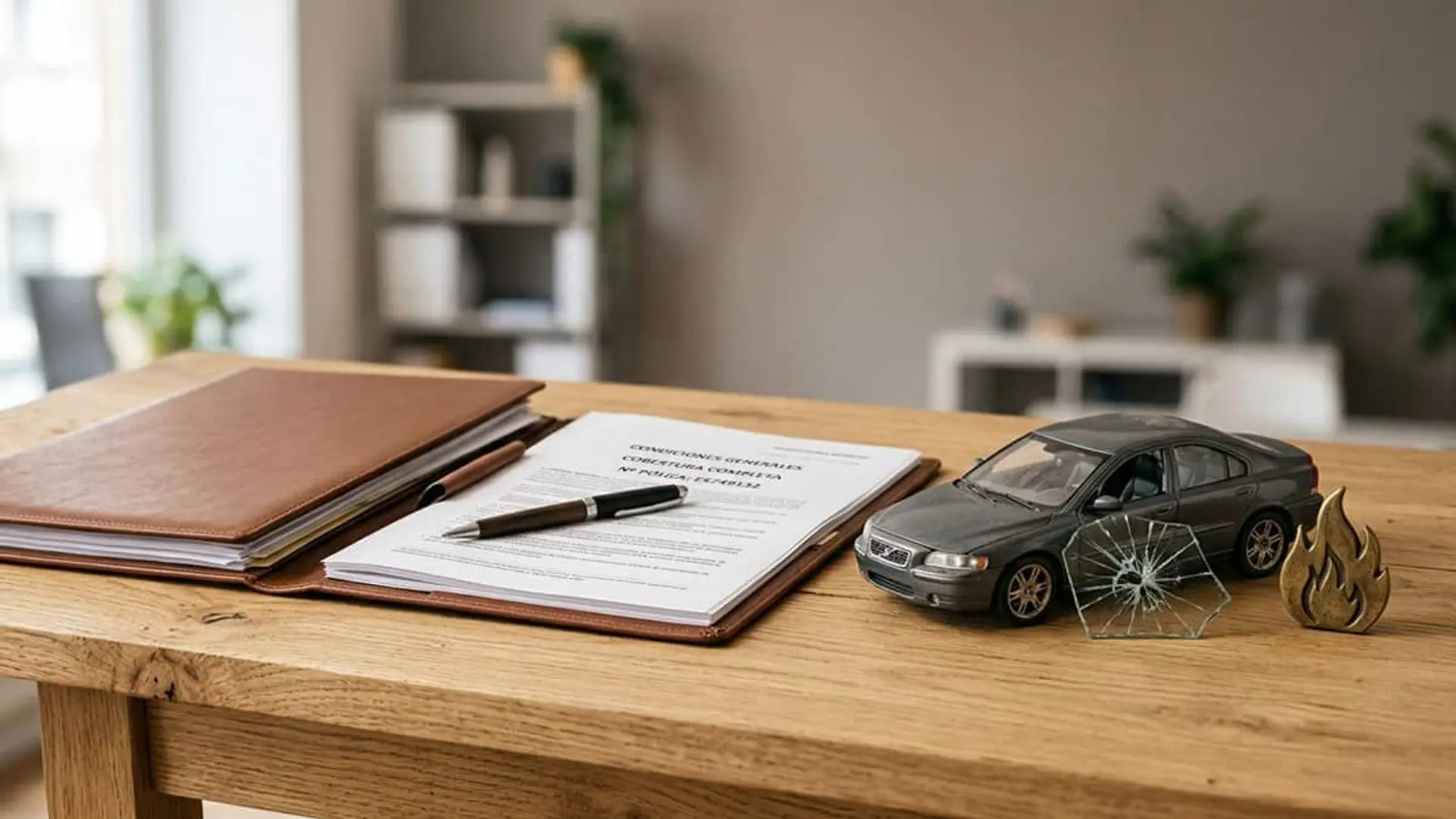Estas son las coberturas del seguro de coche que no faltan en casi ninguna póliza Documento de condiciones de una póliza de coche sobre una mesa junto a una maqueta de un coche, un cristal roto y un icono de fuego