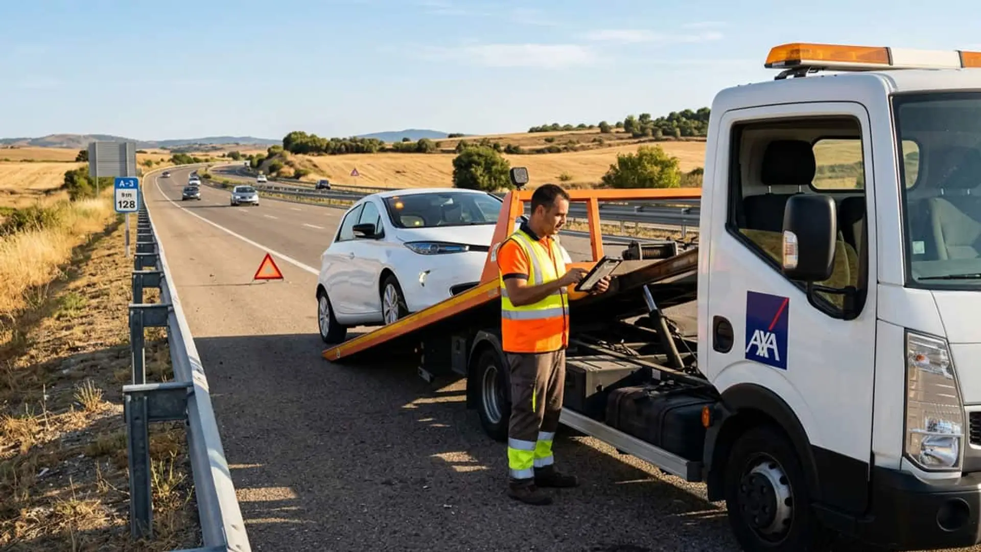 Operario de asistencia junto a una grúa que recoge un coche averiado en una autovía