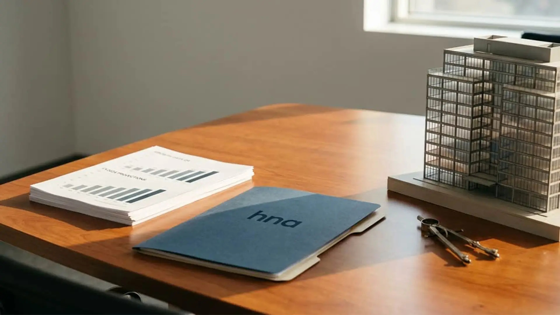Carpeta azul con el logo de HNA sobre un escritorio de madera junto a informes con gráficas y una maqueta de edificio