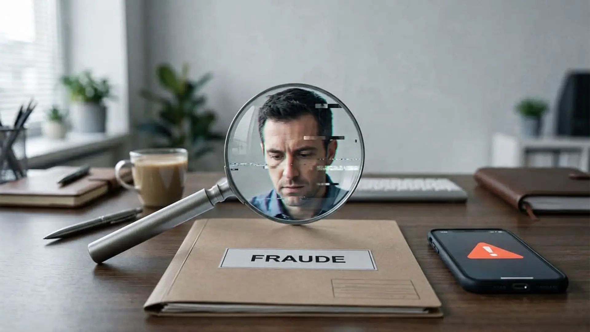 Las aseguradoras temen el fraude con IA agéntica, pero casi ninguna está preparada Hombre observado con una lupa sobre un expediente de fraude y un móvil con una alerta de seguridad.