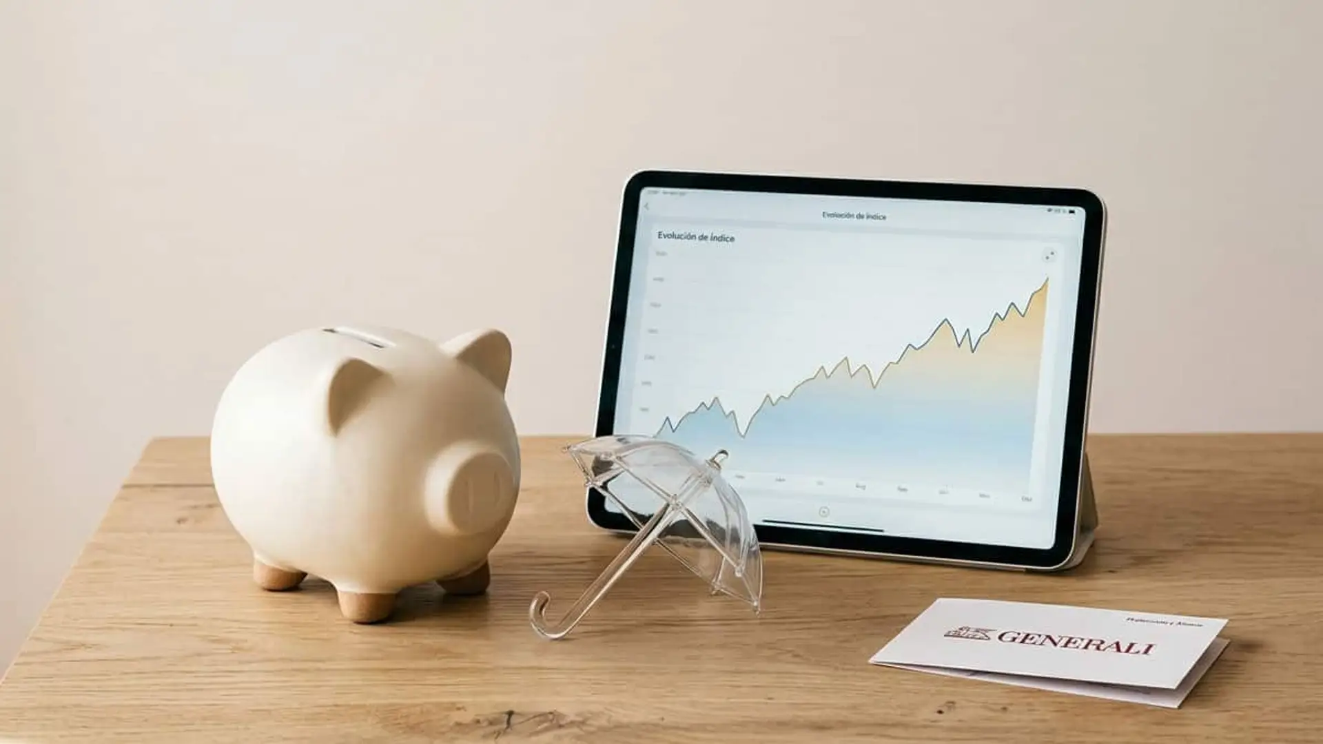 Hucha junto a un gráfico de evolución de una inversión, un paraguas y el logotipo de Generali
