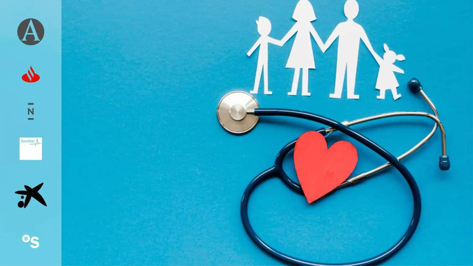 Silueta de una familia junto a un fonendoscopio y un corazón sobre fondo azul, con logotipos de aseguradoras en el lateral izquierdo