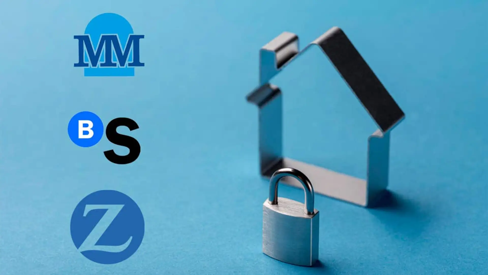 Iconos de Mutua Madrileña, Banco Sabadell y Zurich junto a una casa y un candado sobre fondo azul