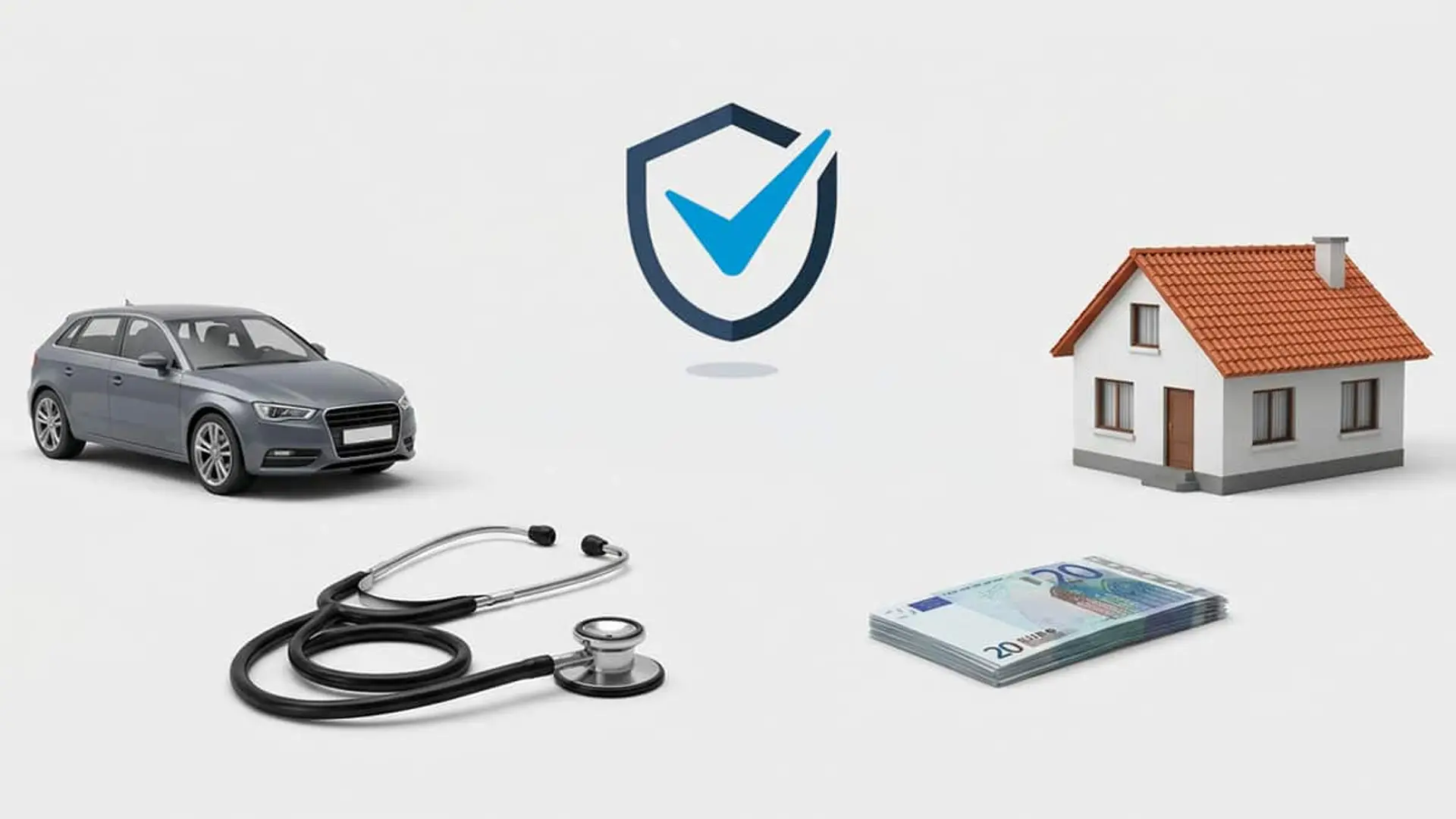 Iconos de coche, vivienda, salud y ahorro alrededor de un escudo con una marca de verificación