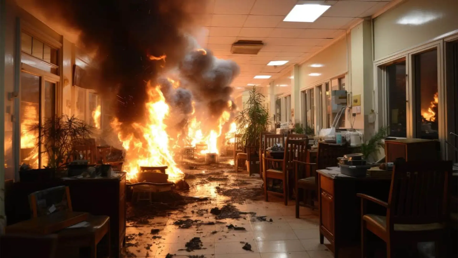Incendio devastador en el interior de un negocio con llamas y humo, representando un siniestro industrial grave.