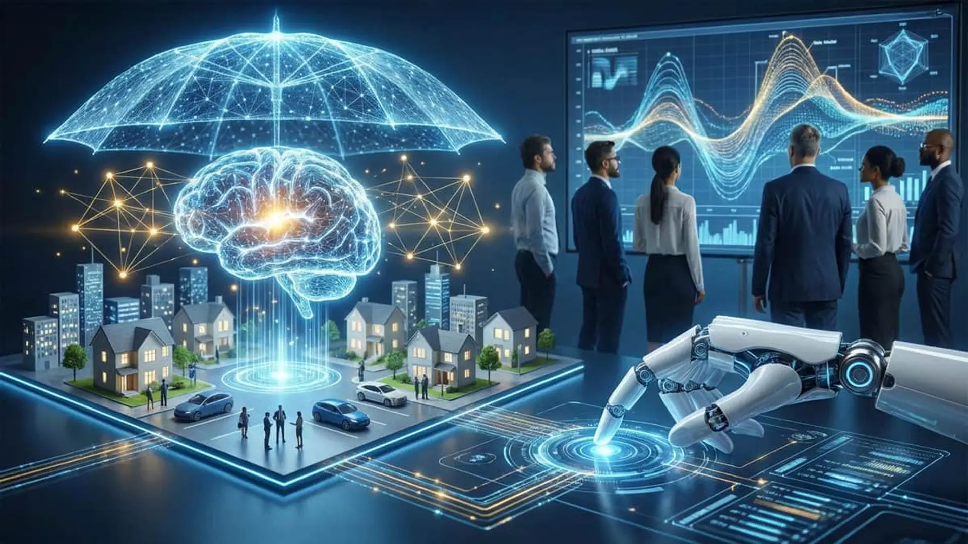 Las aseguradoras quieren más IA en 2026, pero solo el 7% la considera realmente transformadora Inteligencia artificial en seguros con cerebro bajo paraguas digital y expertos analizando datos de protección urbana.