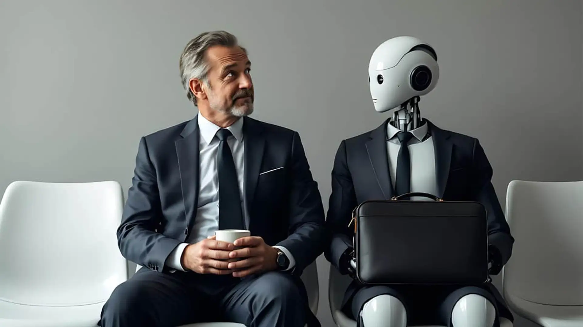 La IA no basta en el sector seguros: 6 de cada 10 clientes prefieren a su mediador Hombre de negocios y robot con traje sentados en sala de espera mirando el uno al otro.