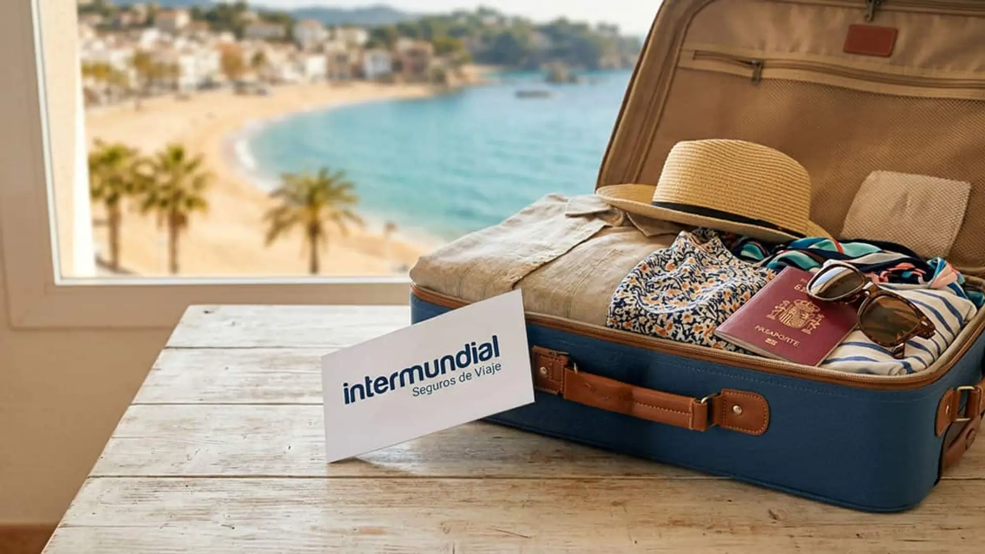 Logo de Intermundial junto a una maleta abierta con ropa, pasaporte y gafas frente a una playa