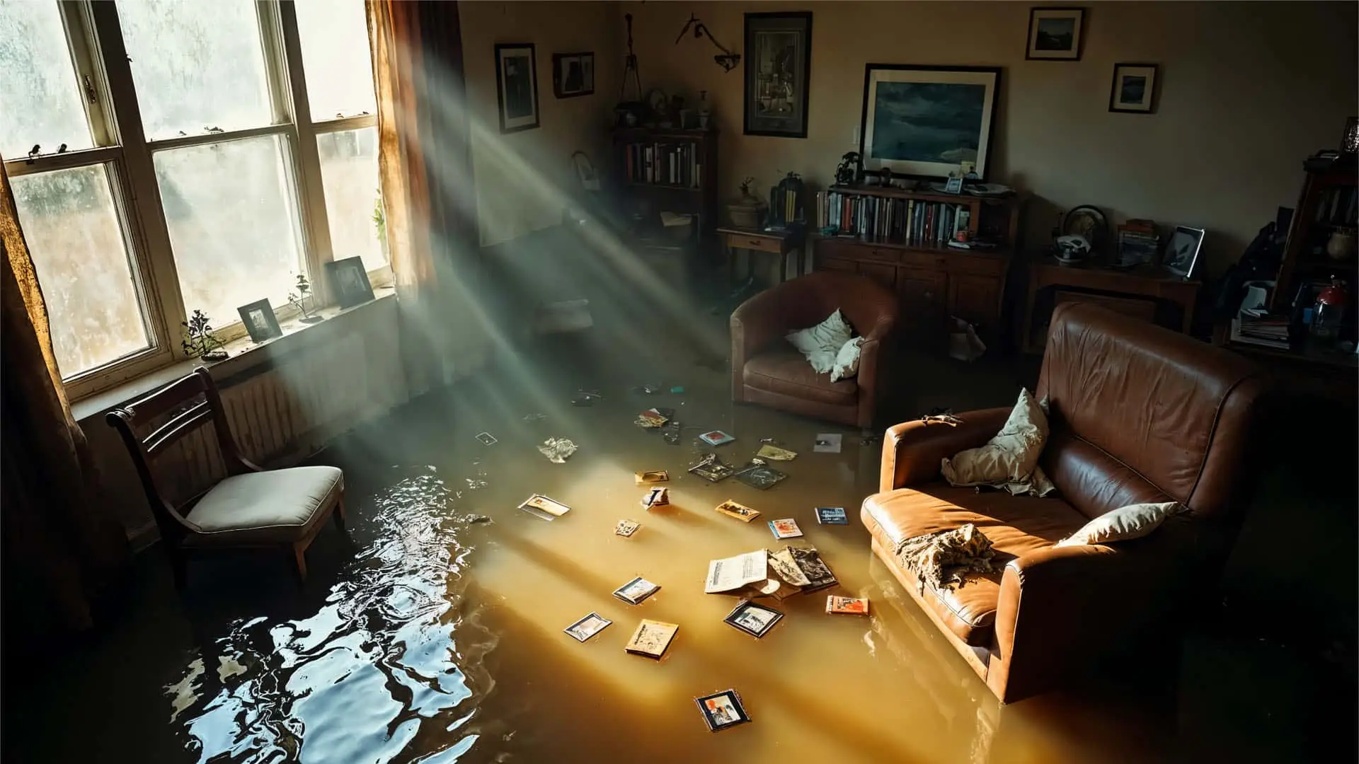 Salón de vivienda inundado tras la DANA con agua cubriendo el suelo y libros flotando.
