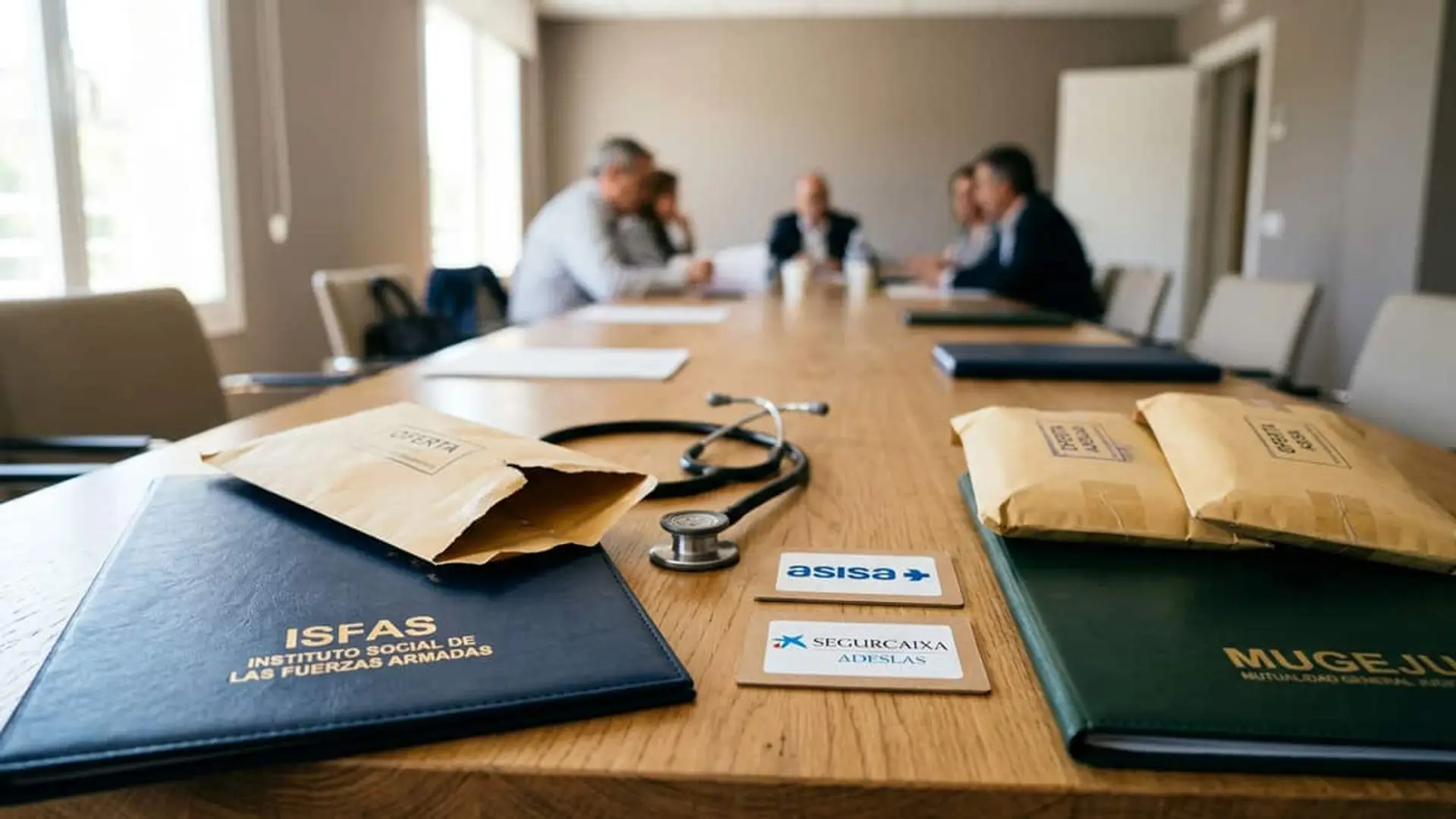 Asisa y CaixaBank Adeslas no concurren al concierto del Isfas: qué pasa con los mutualistas hasta diciembre Carpetas de ISFAS y MUGEJU junto a los logotipos de Asisa y Adeslas, sobres y un fonendoscopio en una sala de reuniones.