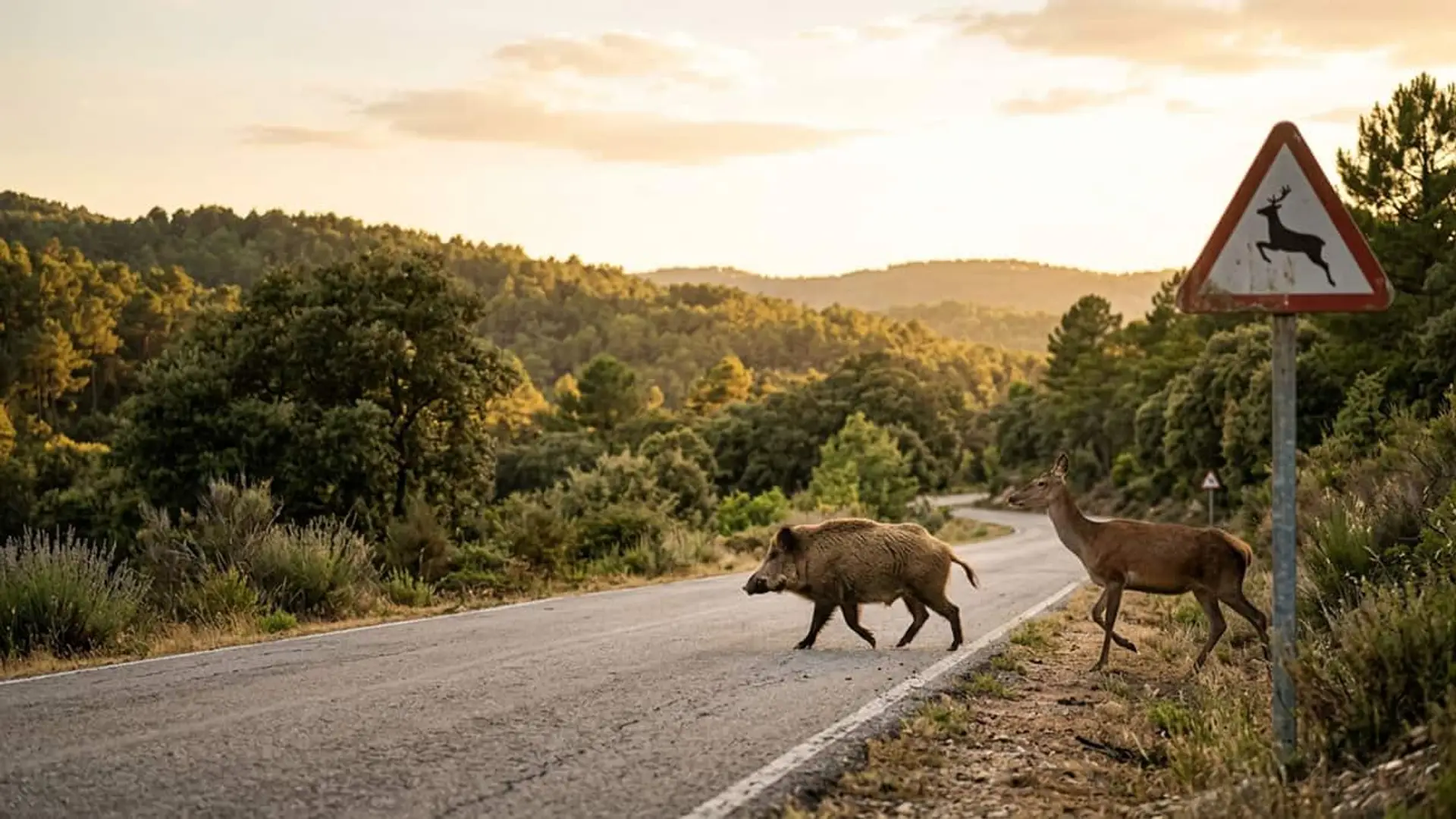 Mutua Madrileña impulsa su cobertura contra atropellos de animales en el seguro de coche Jabalí y ciervo cruzando una carretera rural junto a una señal de peligro por animales salvajes