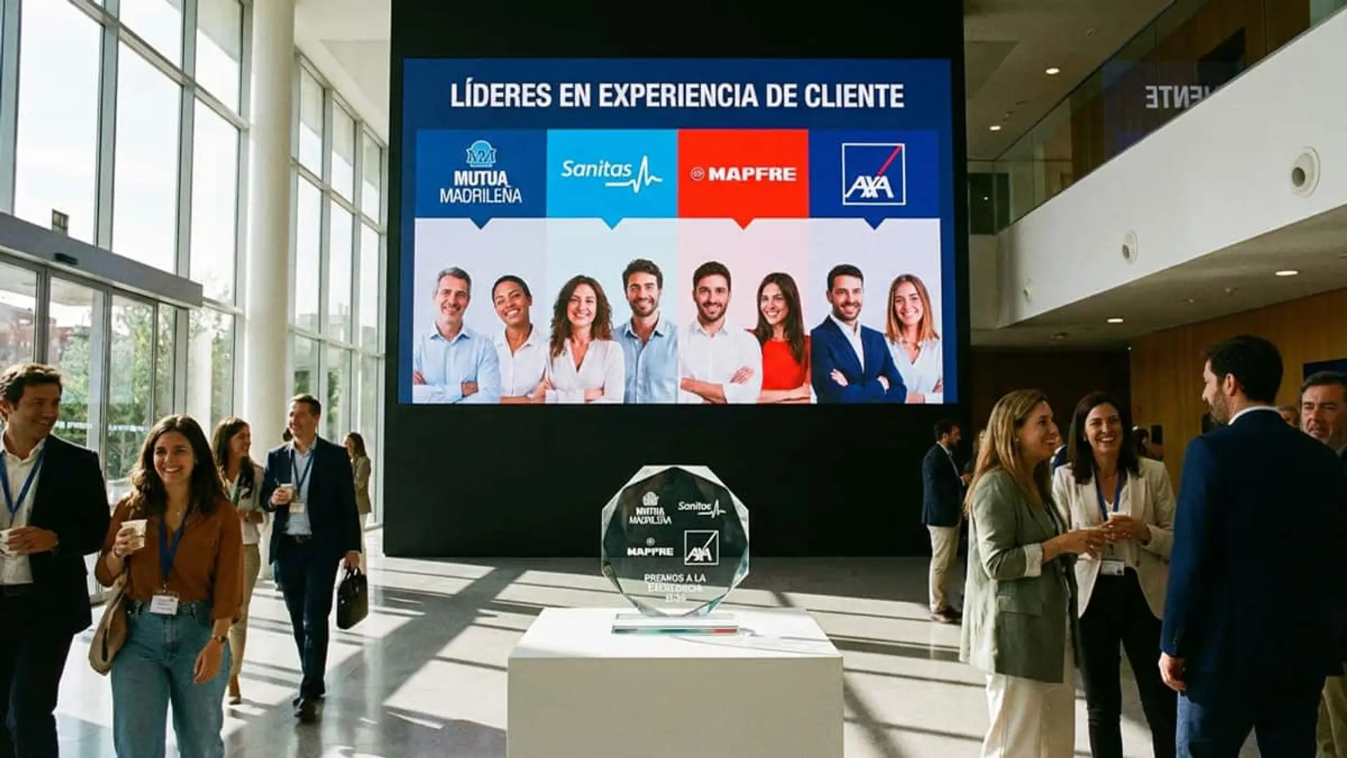 Evento corporativo con pantalla que destaca a Mutua Madrileña, Sanitas, Mapfre y AXA como líderes en experiencia de cliente.