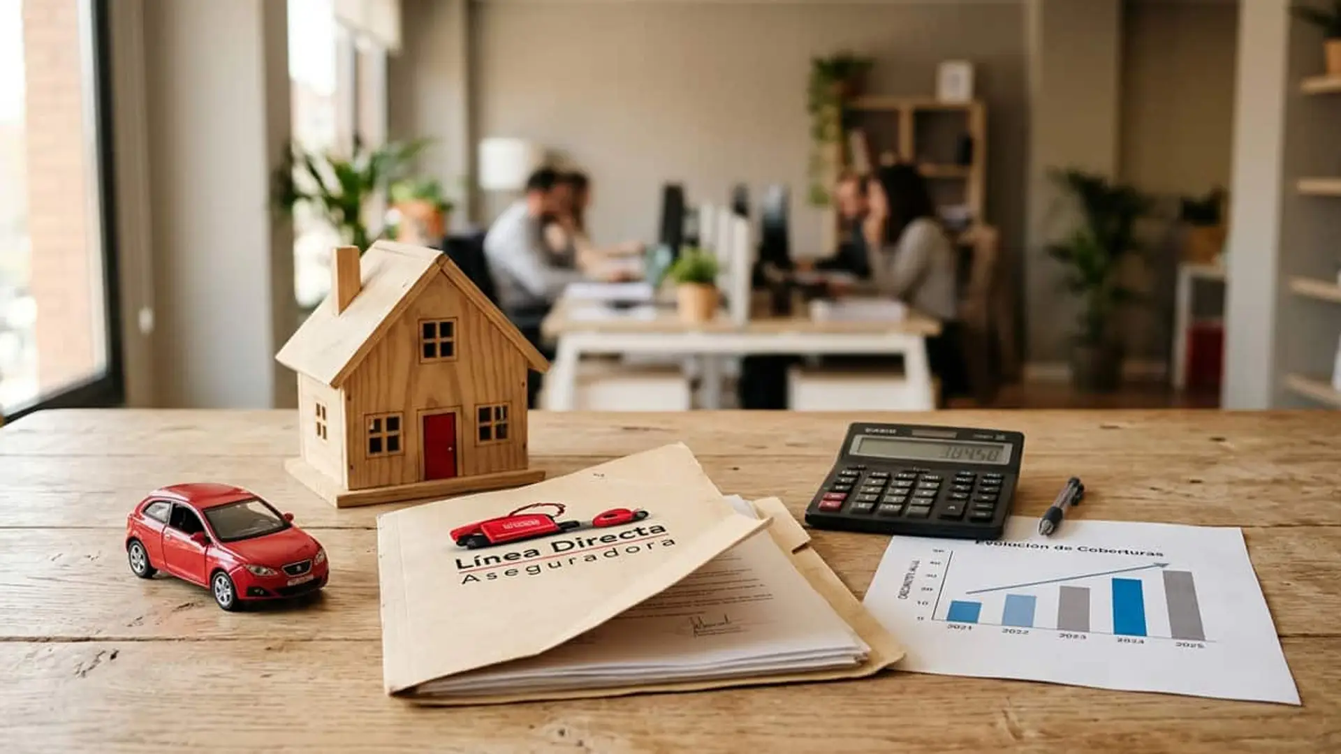 Línea Directa gana 80,4 millones, pero Salud sigue en pérdidas técnicas (ratio combinado del 124,1%) Carpeta de Línea Directa Aseguradora junto a una maqueta de casa, un coche rojo, una calculadora y un gráfico de coberturas.