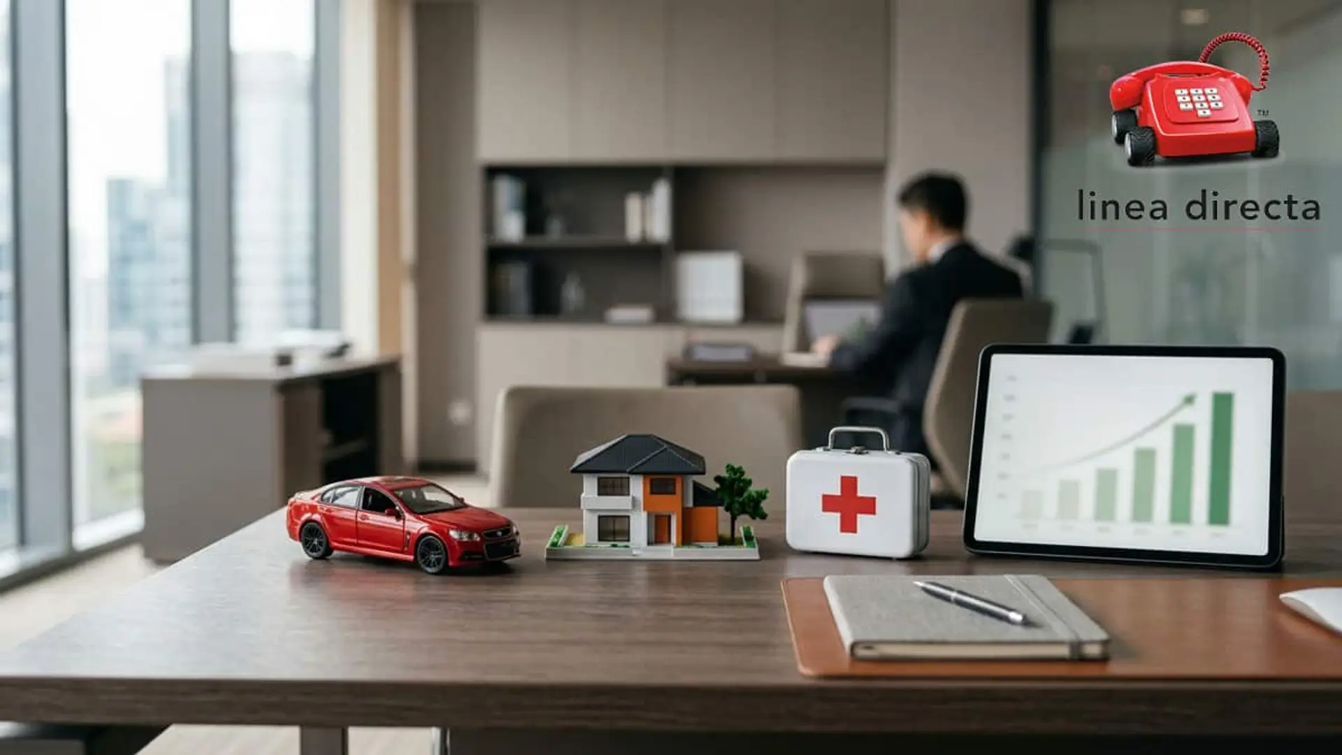 Logotipo de Línea Directa junto a una maqueta de vivienda, un coche, un botiquín y un gráfico de crecimiento en una oficina