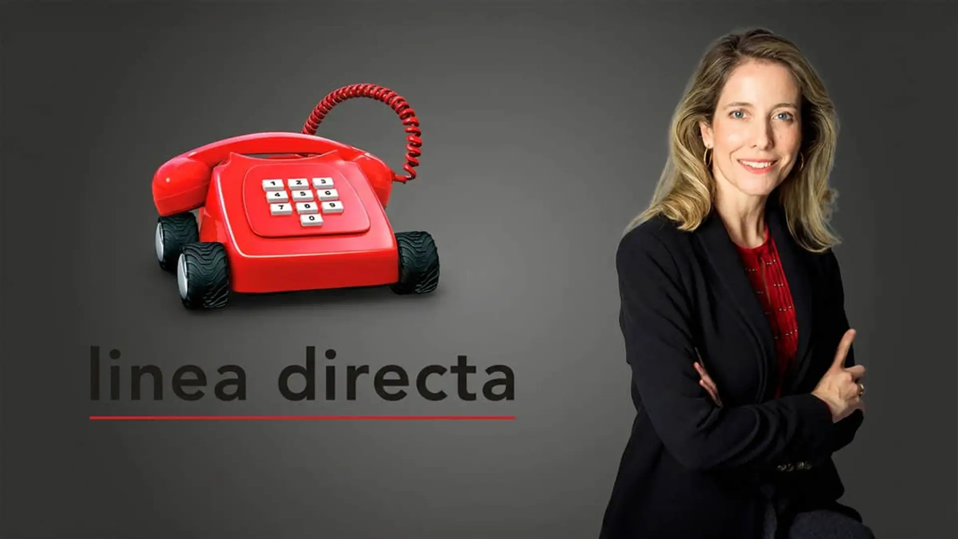 Línea Directa rechaza la guerra de precios en el seguro de coche: tu póliza no va a bajar en 2026 Patricia Ayuela, consejera delegada de Línea Directa, junto al logotipo del icónico teléfono rojo con ruedas.