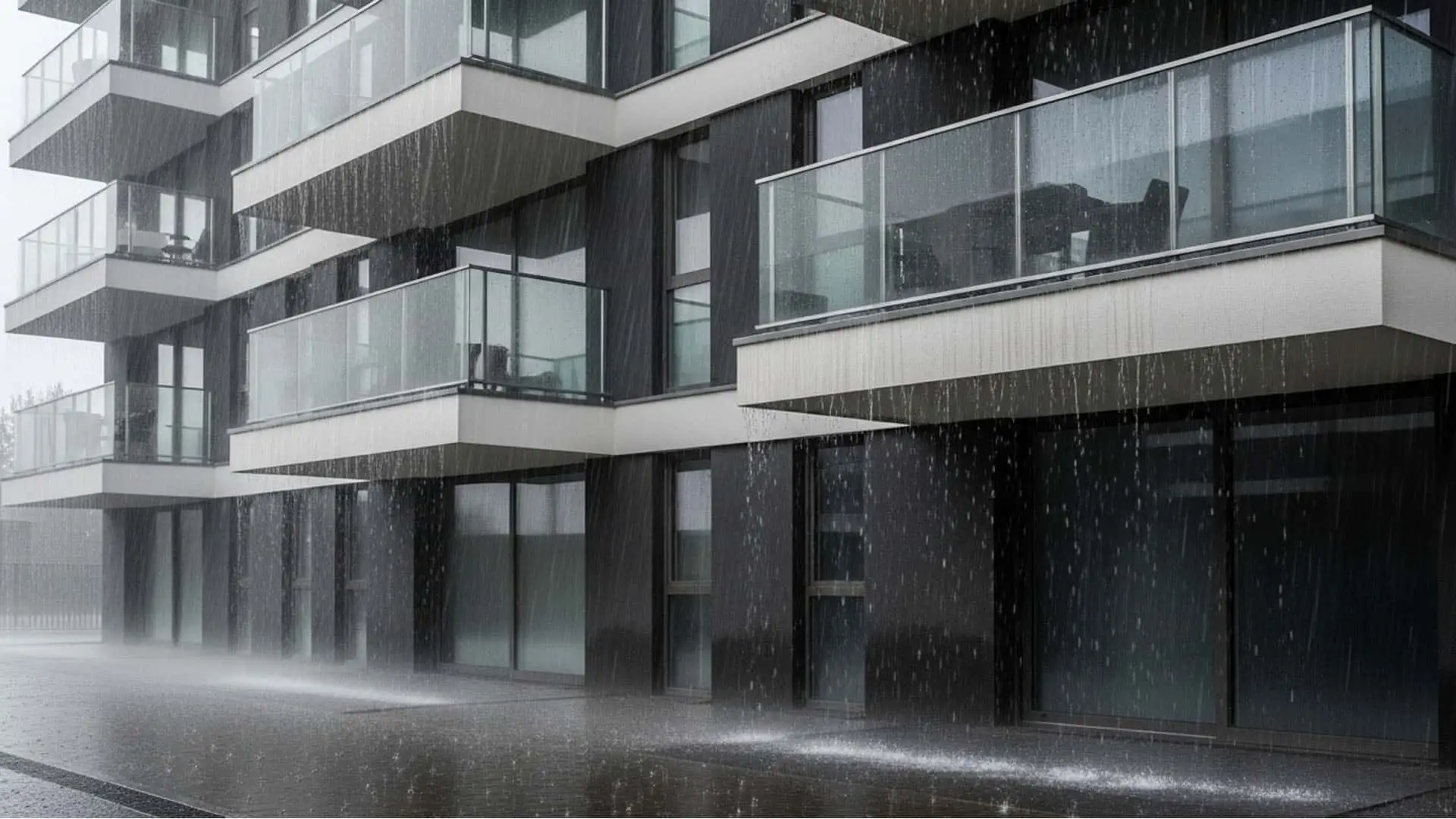 Edificio residencial afectado por fuerte lluvia.