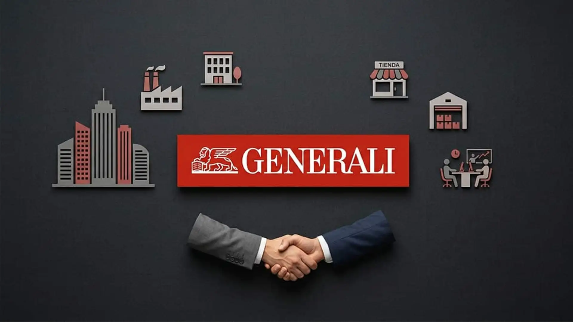 Logotipo de Generali rodeado de iconos de edificios, tienda, almacén, oficina y un apretón de manos