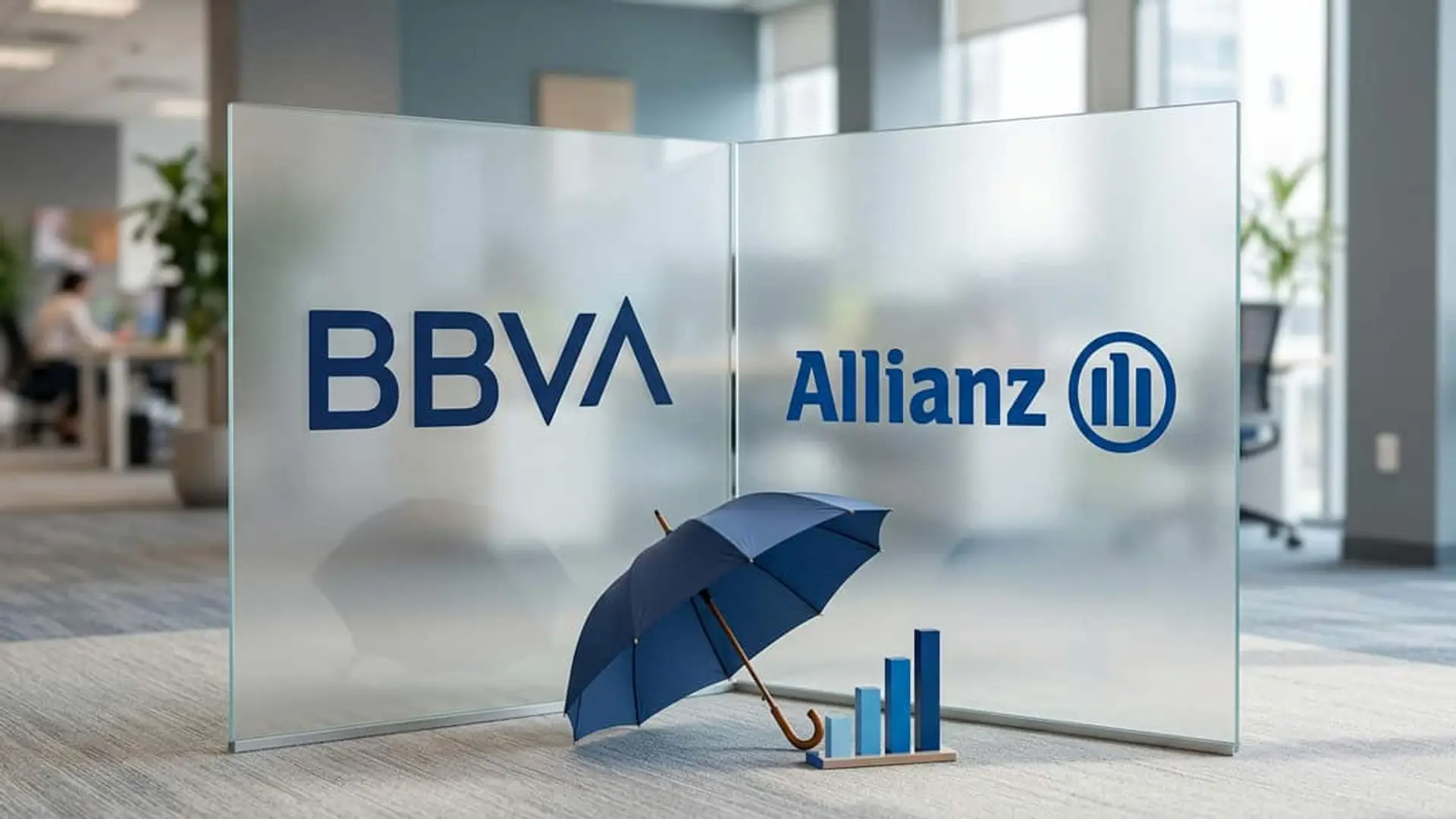 Logos de BBVA y Allianz junto a un paraguas y un gráfico de barras en una oficina