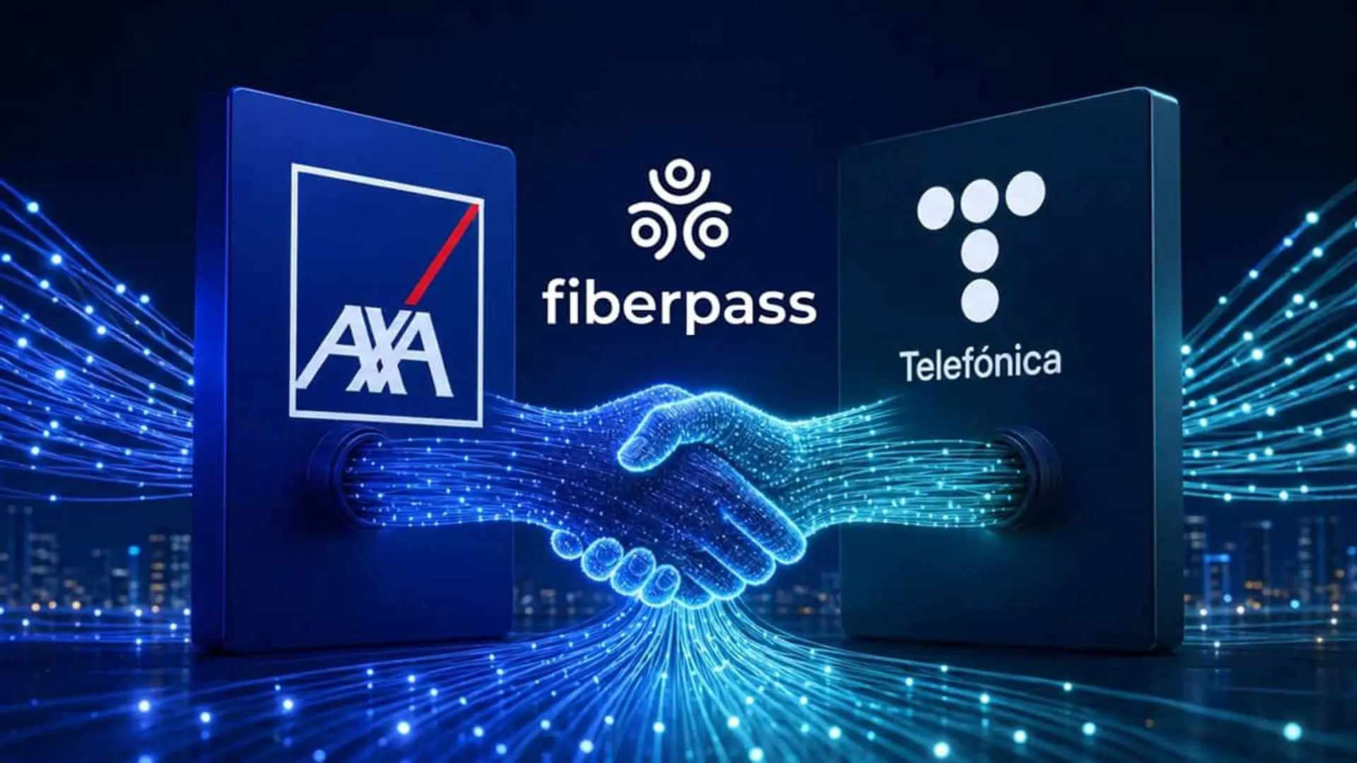 Así queda Fiberpass: Telefónica manda, AXA entra con tres consejeros y Vodafone casi desaparece Logos de AXA, Fiberpass y Telefónica con un apretón de manos digital entre dos paneles